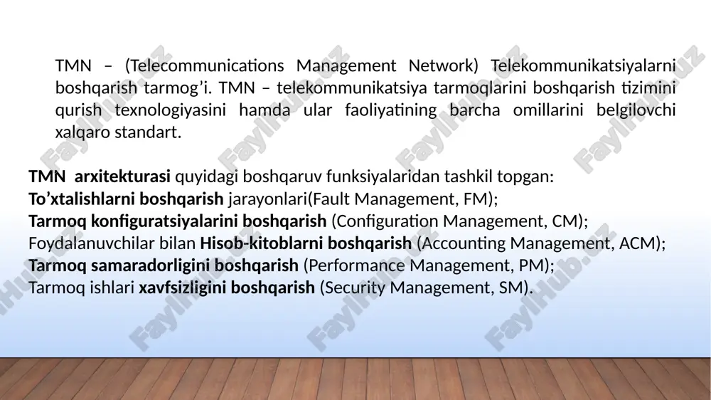 alarini bajaradi. qaf-maf – q-adapter vazifalari bajarilishini ta’minlaydi. mib – boshqaruv axboroti ombori icf – axborotni o’zgartirish funksiyasi pf – taqdim etish funksiyasi hma – “odam-mashina” moslashuvi mcf – fizik interfeyslarga ega fb bilan aloqador bo’lgan xabarlar jo’natish funksiyasi nazorat savollari: tmn tushunchasiga ta’rif bering. tmn konsepsiyasi qanday arxitekturaga asoslangan tmnning funksional tashkil etuvchilariga ta’rif bering image3.emf oleobject1.bin image4.emf oleobject2.bin image5.png image1.jpg ats sistema peredachi ats sistema peredachi rabochaya stantsiya nestandartniy interfeys upravleniya mml q3 q3q3 q3 ctandartniy interfeys upravleniya q-adapter set peredachi dannix (x.25, ethernet) ats f os q3 os q-adapter q3 tsentr podderjki (tsentr obrabotki dannix) tmn rabochaya stantsiya f f f vneshnyaya bd q-adapter osf mf qaf nef wsf tmn osf mf qaf nef wsf tmn /docprops/thumbnail.jpeg