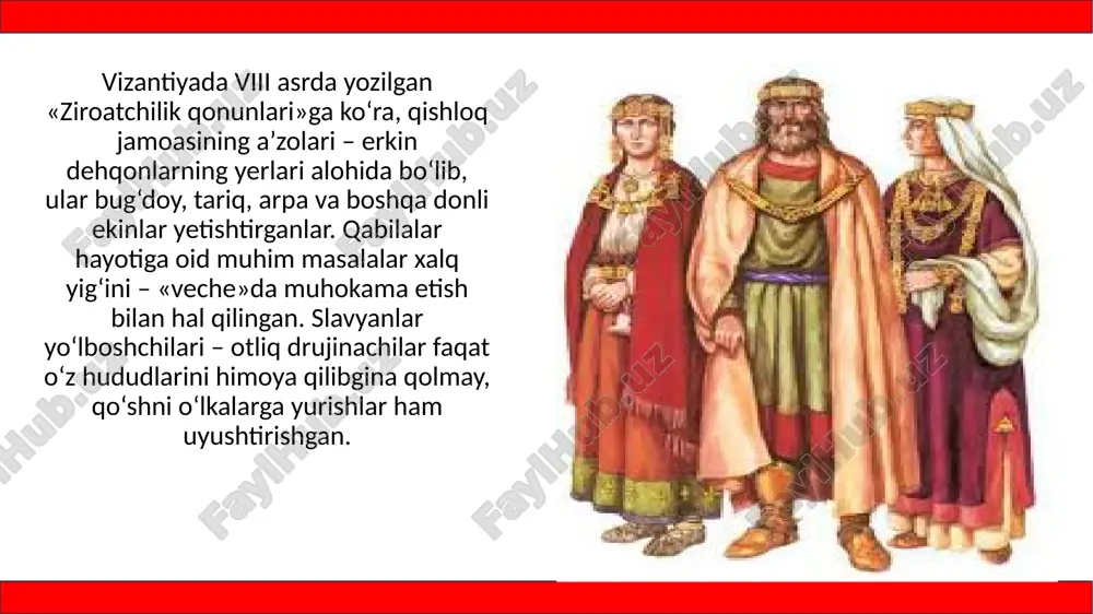 boj to‘lashdan bosh tortgan. vladimir unga qarshi yurishga tayyorgarlik paytida vafot etgan. uning vorislari orasidagi taxt uchun kurashlarda g‘olib chiqqan yaroslav (1019–1054) boshqaruvi kiyev rusining gullab-yashnagan davri bo‘lgan. yangi knyaz davrida kiyev ostonalarida paydo bo‘lgan bijanak qabilalari uzil-kesil mag‘lub etilib, g‘alaba sharafiga kiyevda avliyo sofiya ibodatxonasi qurilgan. yaroslav davrida rusning yevropa mamlakatlari bilan munosabatlari rivojlangan. qonunchilik. donishmand nomini olgan yaroslav davrida rus yerlarining dastlabki yozma qonunlari to‘plami – «rus haqiqati» tuzilgan. «rus haqiqati»ga fuqarolik va jinoiy ishlar bo‘yicha qonunlar kiritilgan. bundan tashqari, undan o‘sha zamon rus jamiyati ijtimoiy munosabatlari, odat, udum va an’analari bo‘yicha ma’lumotlar ham o‘rin olgan. og‘ir jinoyatlar uchun o‘lim jazosi belgilangan. lekin «rus haqiqati»dagi ko‘pchilik moddalarda jarima to‘lash ko‘zda tutilgan. kiyev rusi va qipchoqlar. ko‘chmanchi qipchoq qabilalari xi asrning o‘rtalarida yoyiq daryosidan dunaygacha bo‘lgan hududlarni egallashgan. qipchoq xonlari zarur paytda o‘n minglab jangchilarni safga tizib, rus knyazlari yerlariga talonchilik bosqinlari uyushtirganlar. rus knyazi vladimir monomax (1113–1125) ilk …