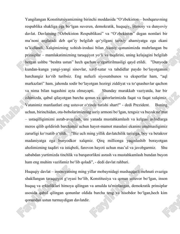 huquq va konstitusiya normalariga muvofiq kafolatlanmoqda, ular qonunchilik va davlat organlari faoliyatining mazmunini belgilashi mustahkamlanmoqda. shuningdek, insonga nisbatan davlatning huquqiy ta'sir choralari qonunlarda nazarda tutilgan maqsadlarga erishish uchun yetarli va mutanosib bo‘lishi shartligi va inson bilan davlat organlarining o‘zaro munosabatlarida yuzaga keladigan qonunchilikdagi barcha qarama-qarshiliklar va noaniqliklar inson foydasiga talqin qilinishi mustahkamlanmoqda. fransiya, germaniya, ispaniya, turkiya konstitusiyalarida o‘z davlatini huquqiy davlat deb belgilashga oid normalar mustahkamlangan. mazkur yangilik barchaning qonun oldida tengligini va qonundan hech kim ustun emasligini ta'minlash, insonlar ongiga qonunlarga hurmat va itoat etib yashash lozimligini singdirish, umuman olganda, davlat organlarining xalqqa xizmat qilishi uchun mustahkam huquqiy asos bo‘ladi. shuningdek, o‘zbekistonning “huquq ustuvorligi indeksi”, “jahon mamlakatlari demokratiyasi indeksi” kabi xalqaro nufuzli reytinglarda o‘rni yaxshilanishiga imkon beradi. o‘zbekiston - ijtimoiy davlat ijtimoiy davlat har bir inson uchun farovon turmush darajasi, xususan, sifatli ta'lim, kafolatli tibbiy xizmat, munosib mehnat sharoiti va adolatli ish haqi, pensiya va nafaqalar, ijtimoiy yordam va …