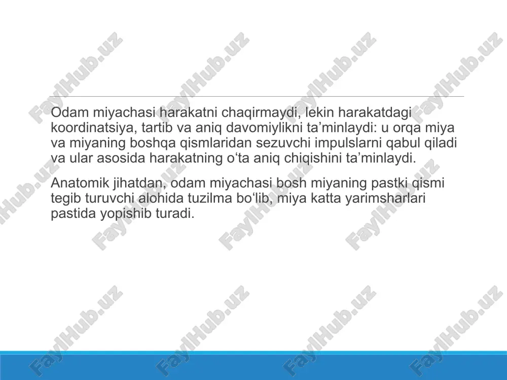 ri tiqa olmaydi, piyoladagi choyni og‘ziga olib kela olmay to‘kib yuboradi, tugmasini taqa olmaydi va h.k. shuning uchun ham miyacha harakat faoliyatini koordinatsiya qiladi deb aytamiz. biroq miyacha zararlansa, odam mast kishiga o‘xshab aqlini yo‘qotmaydi. chunki miyachada aql markazlari joylashmagan. e’tiboringiz uchun rahmat image1.jpeg