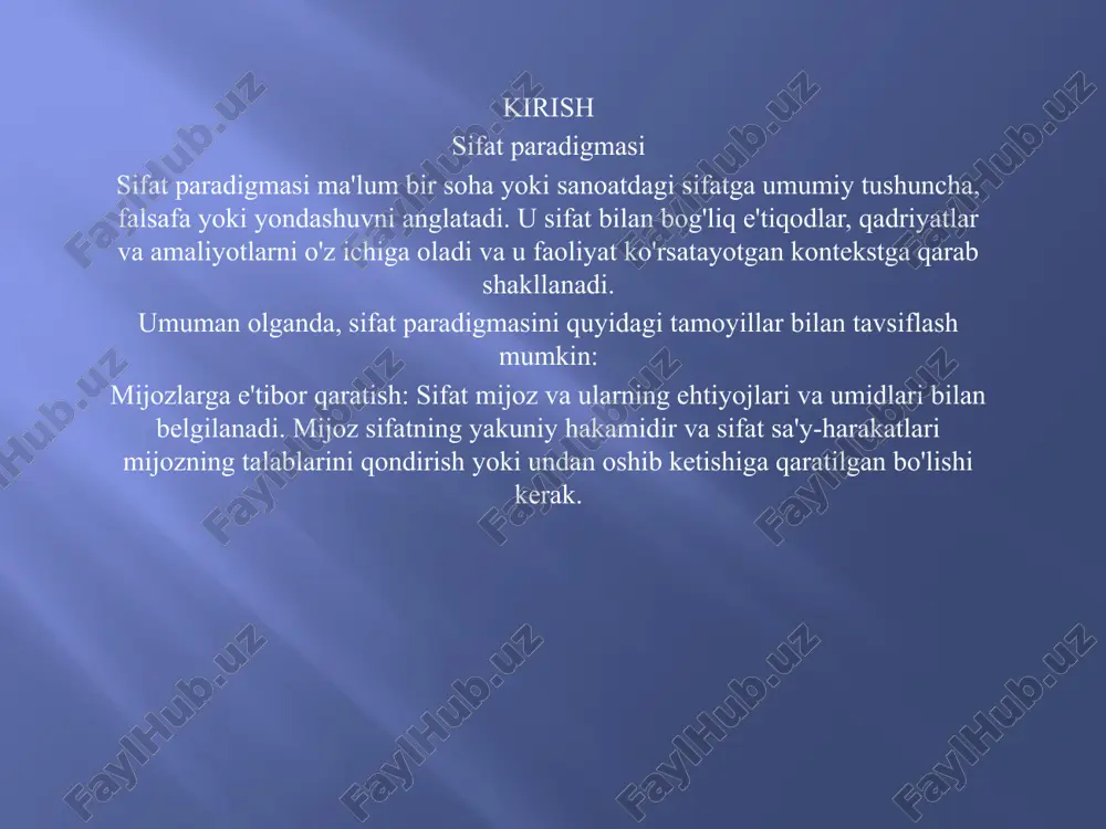 ing ispan va portugal tilida so'zlashuvchi mamlakatlari. shuning uchun oldingi uchrashuvlarning ishchi tillari faqat ispan va portugal tillari ediuchinchidan, konferensiya mavzusi oʻzgardi: u nazariy bilimlarni ijtimoiy loyihalarni amalga oshirish amaliyotida, xususan, taʼlim va tibbiyot sohalarida qoʻllash bilan bogʻliq savollarni oʻz ichiga oldi. 2018-yilda lissabonda ingliz tili birinchi marta ishchi tilga aylandi va natijada “jahon konferensiyasi” ispan-portugal tilidan koʻproq “global davlatlararo kontekstga qayta yoʻnaltirildi. bu darhol ispan-portugal konferentsiyasi ishtirokchilari oldida yangi muammolarni keltirib chiqardi: birinchidan, ingliz tilida ishchi til sifatida gapirish zarurati paydo bo'ldi, ikkinchidan, ingliz tilidagi, yanada rivojlangan, sifatli sotsiologiya an'analariga nazariy yondashuvlar qayta yo'naltirildi va uchinchidan, konferensiya mavzusi oʻzgardi: u nazariy bilimlarni ijtimoiy loyihalarni amalga oshirish amaliyotida, xususan, taʼlim va tibbiyot sohalarida qoʻllash bilan bogʻliq savollarni oʻz ichiga oldi. umuman olganda, sifat paradigmasini quyidagi tamoyillar bilan tavsiflash mumkin: foydalanuvchiga yo'naltirilgan: sifat foydalanuvchi, uning ehtiyojlari va umidlari bilan belgilanadi. foydalanuvchi sifatning yakuniy hakamidir va sifatli harakatlar mijozning talablarini qondirishga qaratilgan …