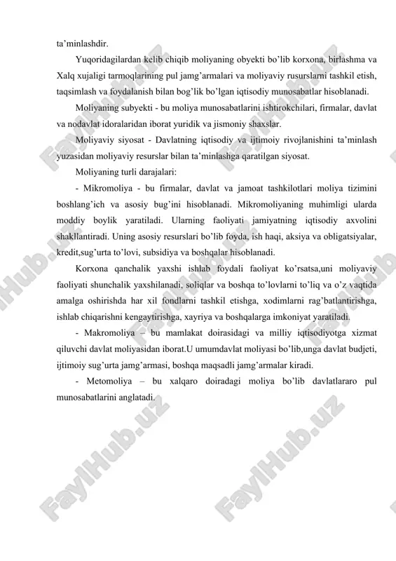asidan iborat.u umumdavlat moliyasi bo’lib,unga davlat budjeti, ijtimoiy sug’urta jamg’armasi, boshqa maqsadli jamg’armalar kiradi. - metomoliya – bu xalqaro doiradagi moliya bo’lib davlatlararo pul munosabatlarini anglatadi. 1.moliyaviy boshqaruvning mazmuni va mohiyati “boshqaruv” atamasi umumiy tarzda ob’ektni rivojlan-tirish va takomillashtirish maqsadida unga ongli ravishda ta’sir ko’rsatishni anglatadi. moliyaviy tizim doirasida moliyaviy resurslarni tashkil etish, taqsimlash va ulardan foydalanish har doim muayyan bir maqsadlarga erishishga mo’ljallangan bo’ladi. bu esa o’z navbatida ma’lum bir tarzda boshqaruv tizimini tashkil etishni taqozo etadi. shu ma’noda va eng umumiy ko’rinishda boshqaruv sub’yektining boshqaruv ob’yektiga maqsadga yo’naltirilgan ta’siri boshqaruv deyiladi. davlat jamiyatning ijtimoiy-iqtisodiy taraqqiyoti uchun zarur bo’lgan moliyaviy resurslarni tashkil etish va foydalanishga qaratilgan munosabatlar tizimini boshqarishi, tartibga solishi va bu resurslardan samarali hamda oqilona foydalanish ustidan nazoratni amalga oshirishi kerak. ana shu vazifani bajarish moliyaviy boshqaruvning zimmasiga yuklatilgan. moliyaviy boshqaruv murakkab jarayon bo’lib, boshqa- riladigan (ob’ektlar) va boshqaruvchi (sub’yektlar) tizim-larning yagonaligidan iboratdir. boshqaruvchi tizim, bu yerda …