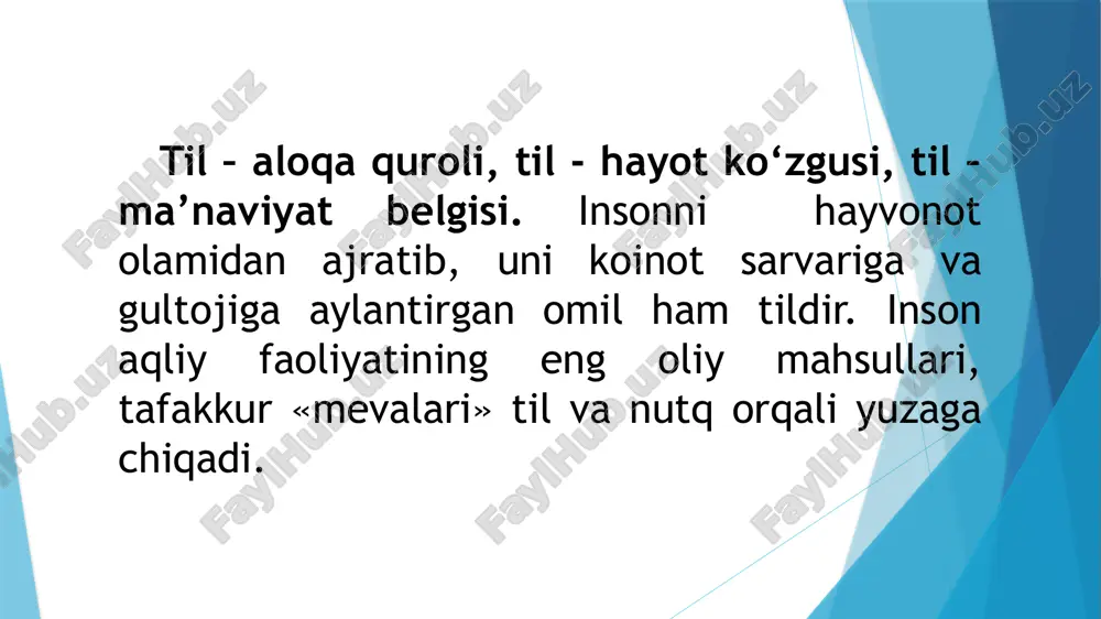 o‘z, morfema, fonemalarning kishi xotirasidagi obrazlari ruhiy «material» hisoblanadi. nutq yaratish jarayonida ma’lum tovush tizimda namoyon bo‘ladigan so‘z va morfemalar moddiy materialdir. tilning ruhiy hodisaligi uning xotirada saqlanishi bilan bog‘liqdir.tilning moddiyligini nutq jarayonida yuzaga keluvchi tovushlar belgilaydi. biz xotiramizda saqlanadigan qoidalardan tezkorlik bilan foydalanib, biror fikrni yuzaga chiqarish uchun so‘zlar grammatik ma’no tashuvchi morfemalar va so‘z shakllari, asosan, gaplarni hosil qilamiz. masalan, bizda kitobning qaerdan olinganligini bilish haqidagi fikr tug‘ildi, deylik. uni quyidagi savol shaklida yuzaga chiqaramiz: sen kitobni qaerdan olding? bunda biz sen, kitob, qayer, ol leksemalaridan; -ni, -dan, -ding morfemalaridan va so‘roq gap modelidan - qoidasidan foydalandik. mazkur gapni aytish jarayonida xotiramizdagi leksemalar alohida affiks morfemalarni olib, so‘z shakllariga aylandi va yuqoridagi tartibni egalladi. til ruhiy hodisadan moddiy hodisaga aylandi nutq tildagi ifoda vositalaridan foydalangan holda voqelikka aylangan fikrdir. nutq nutq a’zolarining harakatiga ko‘ra yuzaga kelib, ikki xil bo‘ladi: ichki nutq va tashqi nutq. kishilarning tovushlarni - so‘zlarni …