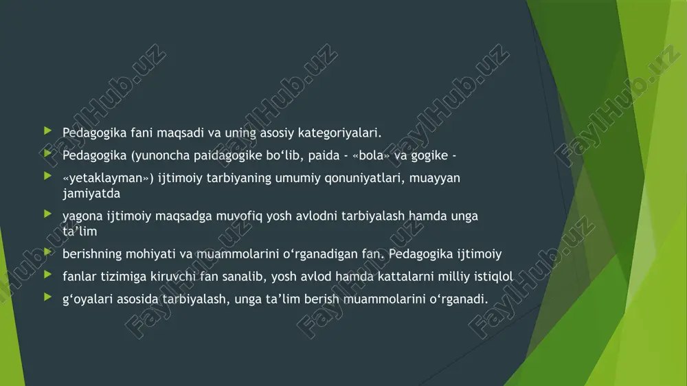 , ko‘nikma va malakalarni kundalik va kasbiy faoliyatda qo‘llay olish qobiliyati. ma’lumot - ta’lim-tarbiya natijasida o‘zlashtirilgan va tizimlashtirilgan bilim, hosil qilingan ko‘nikma va malakalar hamda tarkib topgan dunyoqarash majmui. shakllantirish - shaxsda barqaror xususiyat va sifatlarni belgilangan talab va me’yorlae asosida tarkib toptirish jarayoni. rivojlanish - shaxsning fiziologik va intellektual o‘sishida namoyon bo‘ladigan miqdor va sifat o‘zgarishlar mohiyatini ifoda etuvchi murakkab jarayon. ijtimoiy tarbiya mohiyatini ilmiy jihatdan asoslash ma’lum pedagogik hodisaning muayyan vaziyatlarda namoyon bo‘lish qonuniyatlarini bilishni taqozo etadi. bizga ma’lumki, pedagogik hodisa murakkab tuzilmaga ega bo‘lib bir qator fanlarning imkoniyatlariga tayaniladi. estetika - shaxs tomonidan go‘zallikning idrok etilishi, uni yaratishga intilishi, shuningdek, estetik didni tarbiyalashda muhim yo‘nalishlarni aniqlashga xizmat qiladi. etika - shaxs ma’naviyatini shakllantirish, unda eng oliy insoniy sifatlar, axloqiy ong va ma’naviy-axloqiy madaniyatni tarbiyalashda muhim o‘ rin tutuvchi nazariy g‘ oyalarni pedagogik jarayonga tatbiq etishda alohida o‘rin tutadi. sotsiologiya - ijtimoiy munosabatlar mazmuni, ularni tashkil etish shartlari …