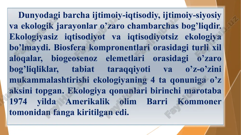 zero ayni barakadur” deyiladi. demak, bu erda foydali hayvonlar populyasiyasini ko’paytirish va ulardan turli maqsadlarda foydalanish mumkinligi alohida ta’kidlab o’tilgan. hadislarda ba’zi yosh hayvonot turlarini qurbonlik qilmaslik, ya’ni yosh populyasiyaning miqdorini saqlab qolish, voyaga etgandan keyin undan samarali foydalanish, shuningdek, bahor paytida ularning ko’payishini nazarda tutib, aynan mana shu oylarda qurbonlik qilmaslikka alohida to’xtalib o’tilgan. ekologiyaga oid hadislardan quyidagi namunalarni keltirish mumkin. 1. qo’y boq, zero u ayni barakadur. bu tilsiz hayvonlar to’g’risida ollohdan ko’rqinglar. ularni so’yishga yaroqli qilib, ya’ni syemirtirib so’yib englar. 2. qo’y barakadur, tuya ahliga izzatdir (egasiga azizdur). 3. otning peshonasiga qiyomatgacha yaxshilik yozilgandir. uni boqqan kishi yaxshilik ko’radi. 4. tirik hayvondan kesib olingan et harom hisoblanadi. 5. islom dinida hayvoning bosh bolasini qurbonlik qilish bilan irim qilish yo’qdir hamda rajab oyining boshida qurbonlik qilish ham yo’qdir. 6. yirtqichlarning go’shtlari haromdir. 7. beshta yomon hayvonot turi borki, ular hajda ham, tashqarida ham o’ldiraveriladi; ilon, olaqarg’a, sichqon, kalxat …