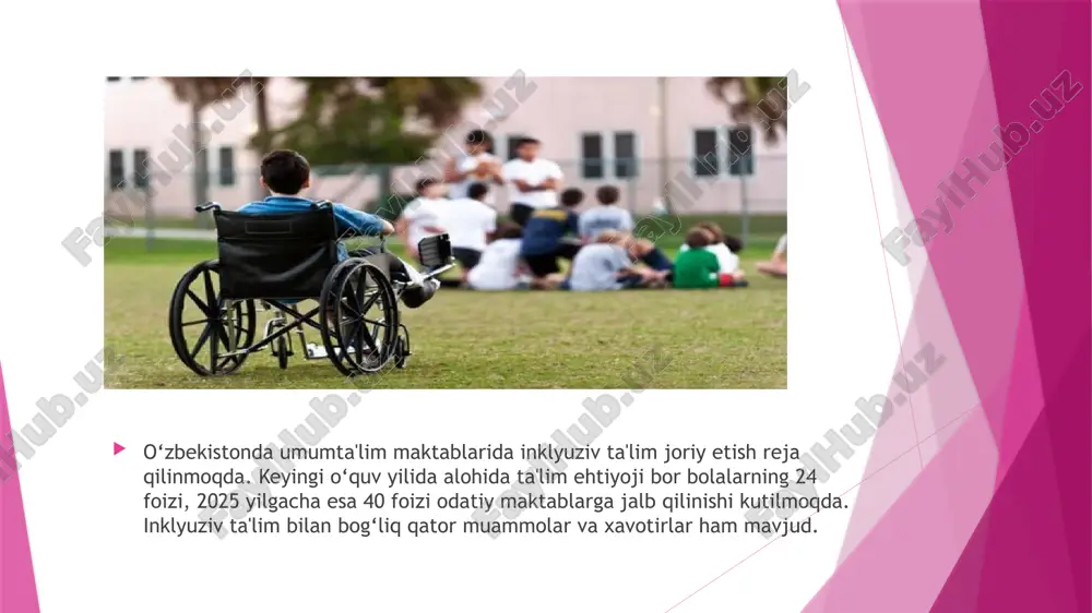 bilan bir maktabga boradigan imkoniyati cheklangan bolaning esa lider bo‘la olish ehtimoli kam, sababi ular eshitishga, ko‘rishga va tushunishga boshqalardan ko‘ra ko‘proq kuch sarflashi kerak bo‘ladi. bolaning inklyuziv muhitda boshqalardan o‘zini kam his qilmasligi, jismoniy imkoniyati cheklanganidan siqilmasligi uchun sharoit yaratish muhim. stadionda boshqalar bilan yugurayotgan zaif ko‘ruvchi bola kimgadir turtilib ketsa, boshqa bolalar uning ustidan kulishlari kerak emas. agar kimdir masxara qiladigan bo‘lsa, bola battar qobig‘iga o‘ralib oladi. umumta'lim maktabiga boradigan imkoniyati cheklangan bolalarga o‘qituvchi alohida yondashishi kerak bo‘ladi. kichik sinf o‘quvchilari nogironligi bor bolalar haqida hech qanday tasavvurga ega bo‘lmaydi. ularning ustidan kulmaslik kerakligini, ular ham boshqalar qatori oddiy odam ekanini, faqat sal kuchsizroq ekanini tushunishmaydi. o‘tgan yili qabul qilingan o‘zbekiston prezidenti qarorida ham maxsus pedagoglar va tyutorlar otmlarda tayyorlanishi nazarda tutilgan. e’tiboringiz uchun raxmat. image1.png image2.png image3.png image4.png /docprops/thumbnail.jpeg