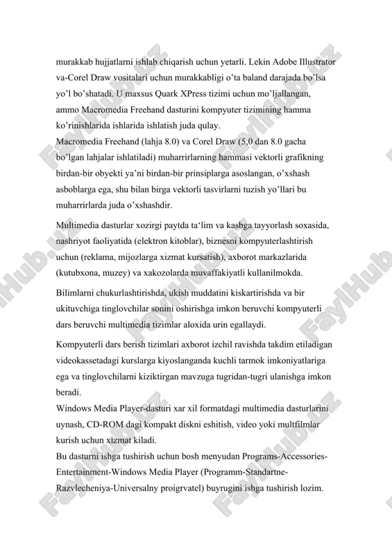 hga tushirish lozim. dastur yuklangandan sung, kerakli fayl yuklanish lozim. buning uchun ushbu dastur menyusidan file-open (fayl-otkrt) buyrugi tanlanadi. natijada kuyidagi mulokot oynasi paydo buladi. faylni yuklash mulokot oynasi. bu mulokot oynasiga open satriga kerakli fayl manzili kursatiladi. agar kaerda joylashganini bilmasak, browse tugmasi bosiladi va fayl joylashgan papka kursatiladi. papkaning ichidan esa fayl nomi ustiga sichqon kurstkichi kuyilib chap tugmasini yoki open tugmasini bosish shart. natijada fayl ishga tushadi. windows media player mp3 –formatidagi faylni ijro etmokda. agarda videoroliklarni kurmokchi bulsak, kurinish biroz uzgaradi. tasvirlarni aks ettirish uchun ekran xam paydo buladi. windows media player c. dionning «titanik» filmiga bagishlangan videoklipini ijro etmokda. sound recorder dasturi sodda ovoz muxarririga ega. ovozni yozish uchun kiritish kurilmasi (mikrofon, magnitofon, cd-rom) ga ega bulish lozim. ovozni yozib olgandan sung yoki .wav formatidagi faylni yuklagandan sung uni chalish mumkin. bu dasturni ishga tushirish uchun bosh menyudan programs-accessories-entertainment-sound recorder (programm-standartne-razvlecheniya-zvukozapis) buyrugini ishga tushirish lozim. …