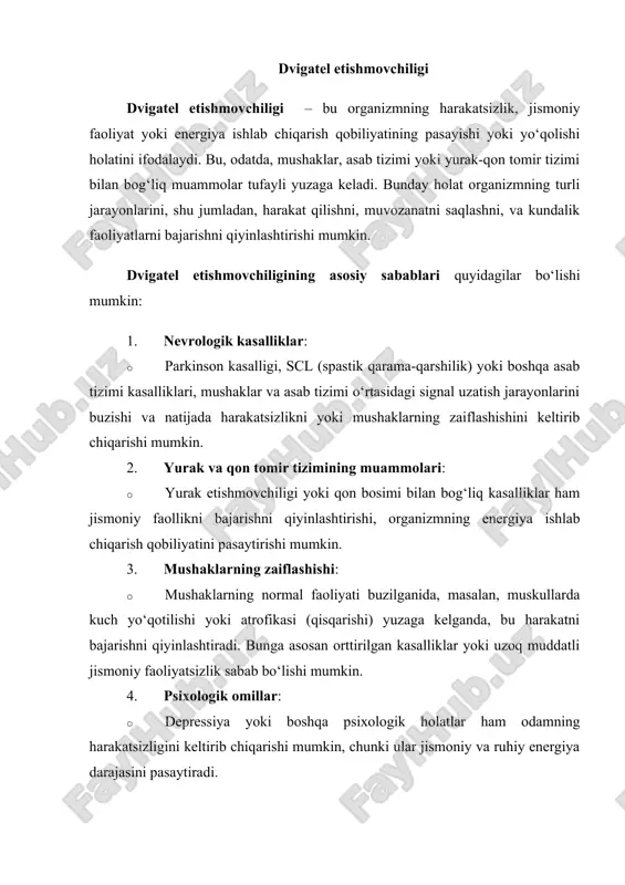iy faollikni bajarishni qiyinlashtirishi, organizmning energiya ishlab chiqarish qobiliyatini pasaytirishi mumkin. 3. mushaklarning zaiflashishi: · mushaklarning normal faoliyati buzilganida, masalan, muskullarda kuch yo‘qotilishi yoki atrofikasi (qisqarishi) yuzaga kelganda, bu harakatni bajarishni qiyinlashtiradi. bunga asosan orttirilgan kasalliklar yoki uzoq muddatli jismoniy faoliyatsizlik sabab bo‘lishi mumkin. 4. psixologik omillar: · depressiya yoki boshqa psixologik holatlar ham odamning harakatsizligini keltirib chiqarishi mumkin, chunki ular jismoniy va ruhiy energiya darajasini pasaytiradi. dvigatel etishmovchiligi turli yoshdagi odamlar uchun turlicha ta'sir qiladi. masalan, qarilikda mushaklarning kuchsizlanishi yoki nevrologik kasalliklar tufayli yoshlar va kattalar jismoniy faoliyatni cheklashlari mumkin. bu holatni davolash yoki kamaytirish uchun, ko‘pincha terapiya, dori-darmonlar, jismoniy mashqlar yoki boshqa tibbiy usullar talab qilinadi. hissiy mahrumlik hissiy mahrumlik – bu shaxs yoki bola uchun hissiy qo‘llab-quvvatlashning yo‘qligi, ya'ni ular o‘zlarini e'tibor va sevgi, himoya yoki to‘liq qo‘llab-quvvatlashdan mahrum his qilishlari holatidir. bunday holat odamning hissiy salomatligiga jiddiy ta'sir qilishi mumkin, chunki insonlar o‘zlarini sevgi va qulaylikdan …