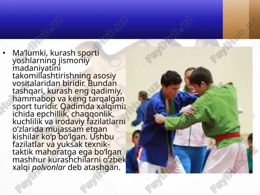 iborat-dir. kurash mashg‘ulotlarining maqsadi, vazifalari mashg‘ulot jarayonida quyidagi asosiy vazifalar hal etiladi: 1) kurash texnikasi va taktikasini puxta egallash; 2) zarur darajada harakat sifatlarining rivojlanishini ta’minlash, shug‘ullanuvchilar funksional imkoniyatlarini oshirish va ularning sog‘ligini mustahkamlash; 3) axloqiy va irodaviy sifatlarini tarbiyalash; 4) sportchi tayyorgarligini turli tomonlarini kompleks rivojlantirish va musobaqa faoliyatida namoyon qilish; 5) muvafaqqiyatli mashg‘ulot va musobaqa faoliyati uchun zarur bo‘lgan nazariy bilimlar hamda amaliy tajribani egallash. mashg‘ulot vazifalari parallel holda amalga oshiriladi. biroq tayyorgarlik davr va bosqichlari, sportchilarning mashqlanganligi, uning mahorat darajasi hamda boshqa omillarga qarab, bitta vazifaga ko‘prok, pedagogik jarayon sifatida tashkil qilinadigan kurashchilarning sport mashg‘ulotida jismoniy tarbiya tamoyillari va didaktik tamoyillar amalga oshiriladi. sport mashg‘ulotining bu tamoyillari bilan bir qatorda, boshqa tarbiya shakllarida yo‘q bo‘lgan o‘ziga xos qonuniyatlar mavjuddir. kurash mashg‘ulotining tamoyillari sportchining sport faoliyati mumkin qadar maksimal natijalarga erishishga qaratilgan. kurashda bu malaka razryadlarinig bajarilishida, turli musobaqalarda g‘alabaga erishishda namoyon bo‘ladi. bunday yo‘nalish kurash mashg‘ulotining asosi …