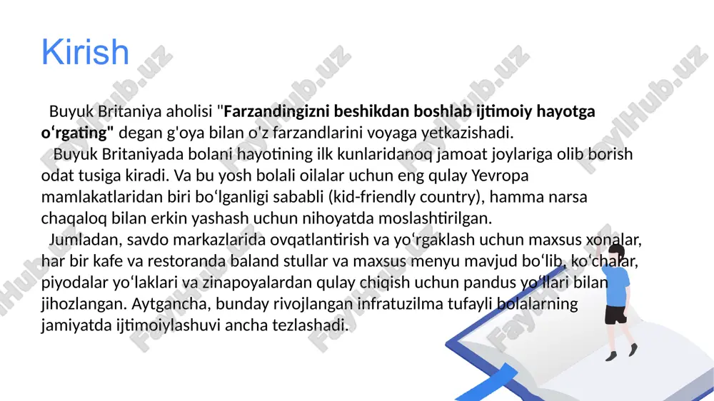 gi uchun qilishadi. 7. bolaga yaxshi xulq-atvorni o‘rgating inglizlar bolaga yaxshi xulq-atvorni faqatgina shaxsiy namuna orqali o‘rgatish mumkinligiga ishonch hosil qilgan. shuning uchun, odob va xushmuomalalik arzimas tuyulgan munosabatlar uchun ham qanchalik muhimligini ko‘rsating. masalan, bolaligidanoq uning lug‘atiga “rahmat”, “iltimos” kabi so‘zlarni kiriting — bunday so‘zlar bola tarbiyasining asosiga aylanadi. bu qoida britaniya qirollik oilasida ham amal qiladi. zero, bolalikdan o‘rgatilgan odob-axloq qoidalari bolaning kelajagiga qo‘yilgan sarmoyadir. 8. farzandingiz bilan birga tafakkur qiling agar farzandingiz bilan birga kitob o‘qiyotgan yoki multfilm tomosha qilayotgan bo‘lsangiz, u bilan qahramonlarning harakatlari va munosabatlarini yoki syujetni muhokama qilishga vaqt ajrating. bu go‘dakka xarakterning ko‘p turlari borligini bilib olishga yordam beradi va ular bu dunyoda o‘zlarini turli yo‘llar bilan namoyon qilishlari mumkin. 9. dasturxon atrofida o‘tirish odobi dasturxon atrofida bolaning xatti-harakati — ko‘plab ota-onalarning jiddiy muammolari. bola bog‘chaga borganida, u o‘zini, yon-atrofini ifloslantirmasdan, jihozlardan mustaqil foydalanishni va ehtiyotkorlik bilan ovqatlanishni o‘rgangan bo‘lsa, juda soz. ovqatlanayotganda …