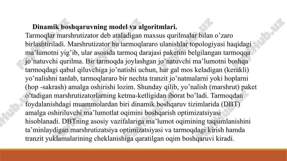 lanadi. birinchi va ikkinchi bosqish jarayonlari pk tarmoqlarida belgilangan marshrutizatsiya uchun taaluqli. pk tarmoqlaridagi ma’lum ishlarda marshrutizatsiya optimizatsiyasining asosiy kriteriysi bo’lib, tarmoqda paketning o’rtacha kechiktirilish vaqti hisoblanadi, shuning uchun adaptive marshrutizatsiyadagi asosiy muammo, bu turli marshrutlar bo’yicha paketlarni jo’natishdagi kechiktirish vaqtini baholash hisoblanadi. pk tarmoqlarida virtual ulanishlar tartibida, har bir kbda paketlar marshrutizatsiyasi, virtual kanallar yo’l raqamlari jadvali yordamida amalga oshiriladi.ko’rsatilgan jadval, berilgan kb bilan bog’liq liniya raqamlari bilan virtual kanal raqamlarini ushbu liniyalar yordamida logik kanallari raqami bilan qiyoslaydi.ushbu jadval yordamida kbga paketlarni jo’natish yo’llari tanlanadi. o’rnatilayotga virtual kanal marshruti, markazlashgan holda yoki taqsimlangan holda tanlanishi mumkin. markazlashgan usulda, tarmoq holati haqidagi axborot tbmga yoki maxsus marshrutizatsiya markaziga kelib tushadi (yuklanish haqidagi ma’lumot, aloqa liniyalaridagi bo’sh logik kanallar mavjudligi, kbdagi navbatning uzunligi va b. haqidagi ma’lumotlar).tbmning ushbu ma’lumoti asosida tarmoqda tanlangan kriteriy bo’yicha eng qisqa yo’l tanlash algoritmlaridan foydalangan holda, abonent-manbaadan kelib tushgan so’rovga muvofiq, virtual kanal o’tish marshrutini …