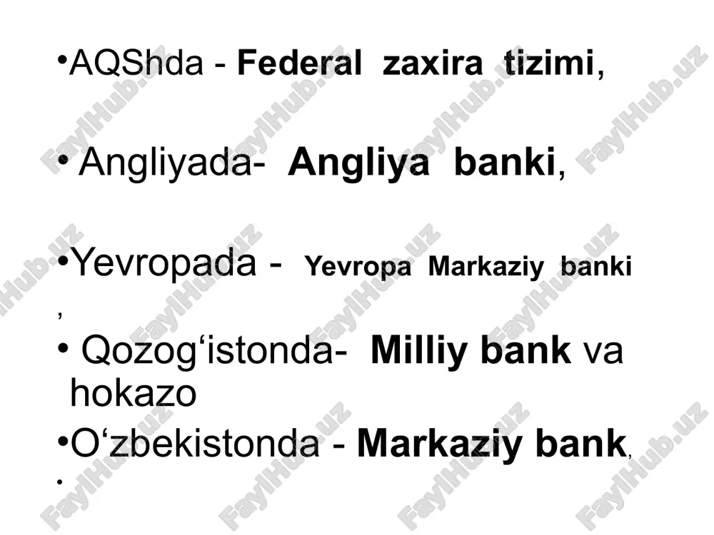 kaziy bank rahbari hukumatning aralashuvisiz tayinlanadi. 2. markaziy bank rahbari 5 yildan ortiq muddatga tayinlanadi. 3. markaziy bank boshqaruvchilar kengashi a’zolari hukumatning ishtirokisiz tayinlanadi. 4. markaziy bank boshqaruvchilar kengashi bankni 5 yildan ortiq boshqaradi. 5. markaziy bank boshqaruvchilar kengashida hukumat vakillarining majburiy ishtirokiga zaruriyat yo'q. 6. pul-kredit sohasida qabul qilingan qarorlami hukumat tomonidan ma’qullanish zaruriyatining yo'qligi. 7. markaziy bankda qonun bo'yicha ustuvor maqsadlardan biri sifatida mamlakatda baholar barqarorligini ta’minlash majburiyati bolishi kerak. 8 . markaziy bank hukumat bilan qarama-qarshilikka borib qolganda, uning pozitsiyasini kuchaytirish imkonini beradigan qonunchilik me’yorlarining mavjudligi. o'zbekiston markaziy bankining siyosiy mustaqilligi 1. markaziy bank raisi hukumatning aralashuvisiz tayinlanadi (1 ball). 2. markaziy bank raisi 5 yilga tayinlanadi (0 ball). 3. boshqaruv a’zolari hukumatning ishtirokisiz tayinlanadi (1 ball). 4. boshqaruv a’zolarining vakolat muddati belgilanmagan (0 ball). 5. boshqaruvda hukumat vakillari ishtirok etmaydi (1 ball). 6. pul-kredit sohasida qabul qilingan qarorlami hukumat tomonidan mahqullanishi qonun hujjatlarida belgilanmagan (1 ball). …