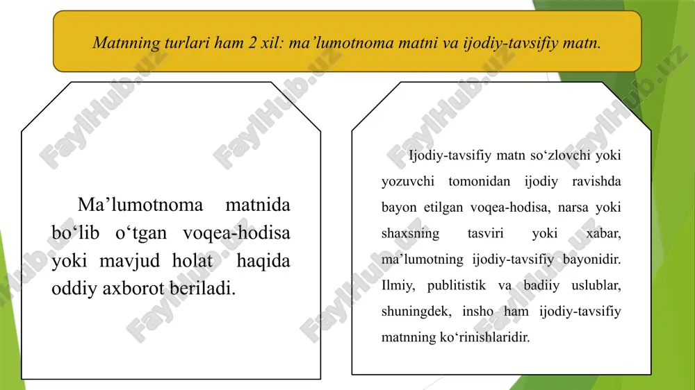 rini ulug‘lash, adolat va xalqparvarlik, do‘stlik va qahramonlik, muhabbat erkinligi va unga sadoqati asarni g‘oyaviy mazmunini tashkil qiladi. asarda xisrav, yosumon kabi yovuz kuchlar bilan farhod, shirin, mehnbonular o‘rtasidagi kurash ko‘rsatiladi. shoir farhod, mehnbonu, shirinlarning barcha harakatlariga xayrixohlik bildiradi. shohni adolatli bo‘lishiga undash g‘oyasini ilgari suradi tahlilda asarning mazmuniga ham shakliga ham e’tibor berish va mazmunning yetakchi rolini ta’kidlab o‘tish zarur matn tahlilida tahlilning yuqoridagi u yoki bu turidan foydalaniladi. matnni sharhlash so‘z va so‘z shakllari badiiy tasvir vositlarining asar g‘oyaviy va estetik mazmunini oshirishdagi roli izohlanadi. matnni sharxlashda lingvistik aspekt asosiy o‘rinni egallaydi. u traditsion adabiiy tahlilda ham yetakchi sanaladi, chunki u matnning estetik strukturasi va badiiy tasvir vositlarini o‘rganishga ko‘maklashadi e’tiboringiz uchun rahmat image1.png image2.png /docprops/thumbnail.jpeg