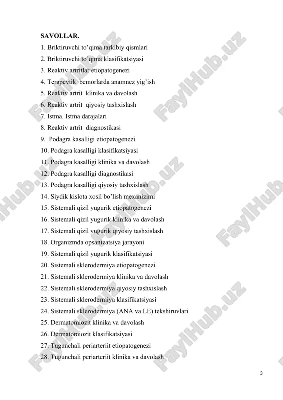 h 61. pancreas shirasi xosil bo’lish mexanizimi 62. surunkali enterit etiopatogenezi 63. surunkali enterit klinika va davolash 64. nospetsifik yarali kolit klinika va davolash 65. nospetsifik yarali kolit qiyosiy tashxislash 66. surunkali pielonefrit etiopatogenezi 67. surunkali pielonefrit klinika va davolash 68. buyrak fiziologiyasi 4