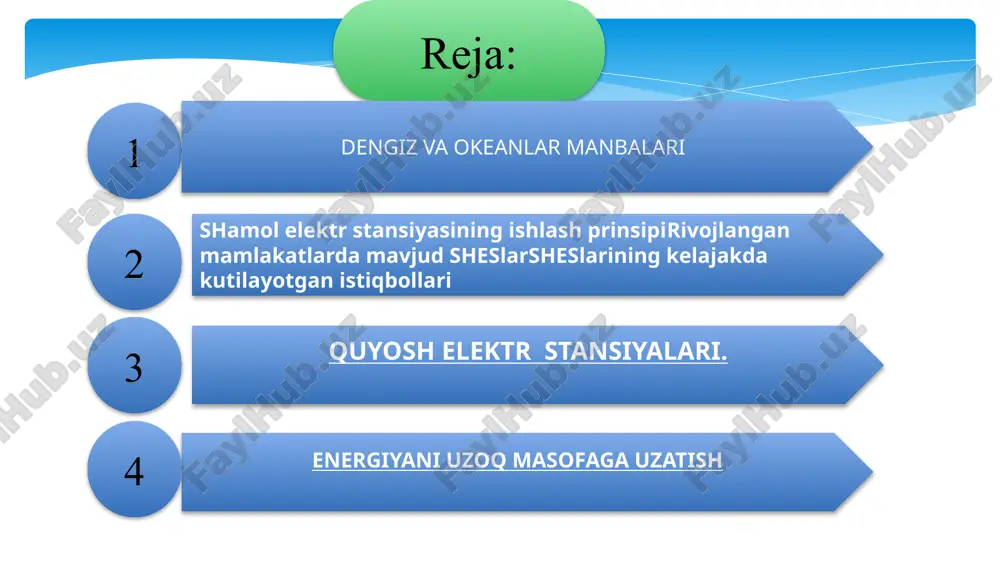 stansiyasining ishlash prinsipi shamol elektr stansiyasi (shes) - shamol oqimining kinetik energiyasini elektr energiyasiga aylantiruvchi kurilma. shamol dvigateli, elektr toki generatori, generator va dvigatelning ishini boshkaruvchi avtomatik qurilma, xamda ular o‘rnatiladigan inshootlardan iborat. shes dan, ko‘pincha, shamol oqimining o‘rtacha yillik tezligi yuqori (5 m/sek dan katta) bo‘lgan va markazlashtirilgan elektr ta’minot tarmoqlaridan uzoqda joylashgan hududlarda (masalan, o‘rta osiyoda - dasht va cho‘llarda) elektr energiyasi manbai sifatida foydalaniladi. shes da 8 kvt dan 1,2 mvt gacha quvvatli elektr energiyasi hosil qilish mumkin.elektr toki ishlab chiqarishga mo‘ljallangan shamol elektr stansiyasi birinchi marta 1890 yili daniyada bunyod etilgan. shamol generatorlari. o‘tgan o‘n yillikda shamol energiyasidan foydalanishni ommalashishi natijasida uni ishlatish texnologiyasi xam takomillashdi. 2006 yil amerikada shamol energiyasidan foydalanib, ishlab chiqarilayotgan elektr energiyasi 11000 mvt ga etdi. hozirgi kunda shamol elektr generatorlari butun dunyoda o‘rnatilmoqda. ular yordamida ishlab chiqarilayotgan quvvati taxminan 74000 mvt ni tashkil etadi.2-rasmda andozaviy shamol generatorlari keltirilgan. 2-rasm. shamol generatorlari. …