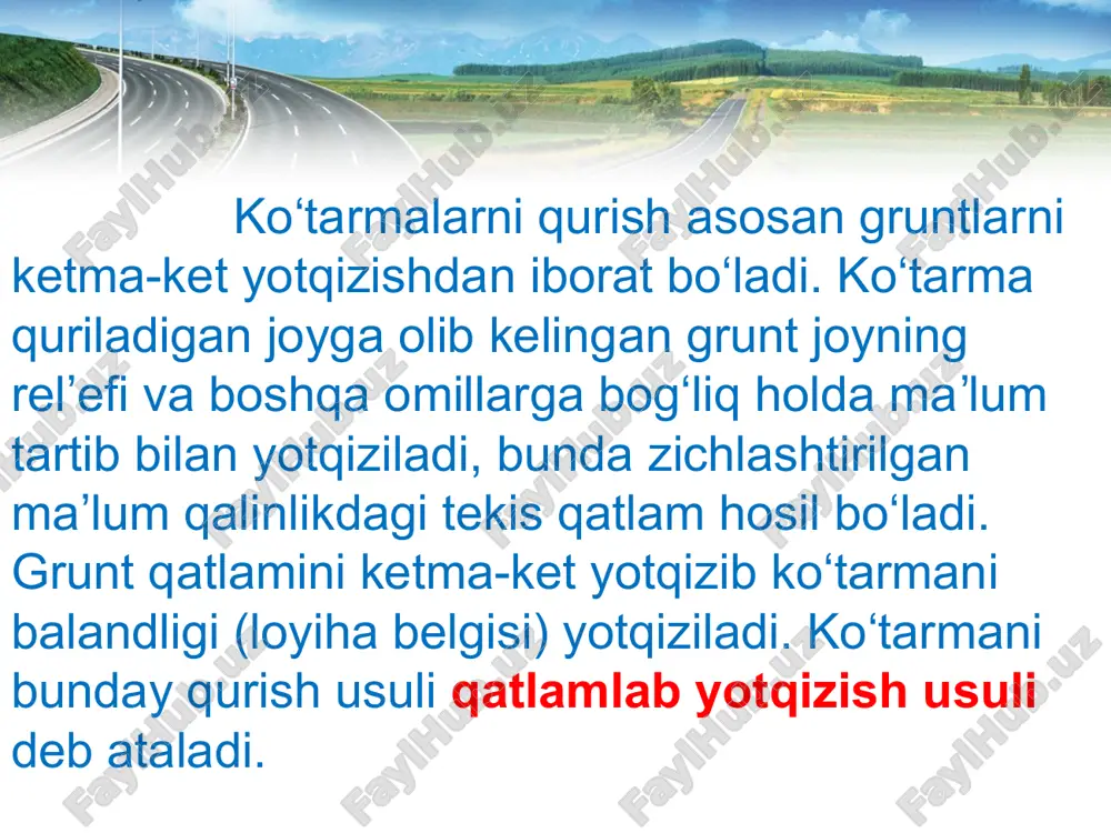 chuqurligida turli xil o‘yish usuli. va * o‘ymani kovlash chizmasi: a-yon zaboyda; b-“peshona” zaboyda; v-kengaytirilgan zaboyda; 1-ekskavatorni xarakatlanish yo‘nalishi; 2-ekskavatorni turish joyi; o‘ymalardan olinadigan gruntlar asosan ko‘tarmalarni qurishda ishlatiladi. ayrim hollarda o‘yma guruntlari texnikalar yordamida surib tashlanadi. bunday xolat tog‘ sharoitida yo‘l qurilishida uchraydi. ayrim hollarda grunt o‘ta namlangan yoki mineralogik tarkibi yaxshi bo‘lmagani sababli ko‘tarma uchun yaroqsiz xisoblanadi. * ko‘tarmalar uchun gruntlar har xil masofada joylashgan karerlaridan olinadi. asosiy ishlarni bajarish uchun buldozerlar, sreperlar, ekskavatorlar va transport vositalari bilan tashib kelinadi. mashina-mexanizmlarni tanlash ishlab chiqarish sharoitiga bog‘liq holda, gruntning tarkibi va holatiga, tashish masofasiga, ishni muddati va hajmiga, mashinalar parkiga bog‘liq. gruntni surishda (100-150mgacha) masofaga buldozerlardan, katta masofalarda–skreperlar, ekskavatorlar foydalaniladi. yer ishlarini bahosi gruntni transportirovka qilish masofasiga bog‘liq bo‘lib, 100 m gacha transportirovka qilishda buldozerlardan foydalanish samaralidir, 100 dan 300 m gacha – aravali skreperlardan foydalaniladi. gruntlarni tashish masofasiga va ekskavatorni kovishini sig‘imiga mos avtomobilni muqobil yuk ko‘tarish qobiliyati …