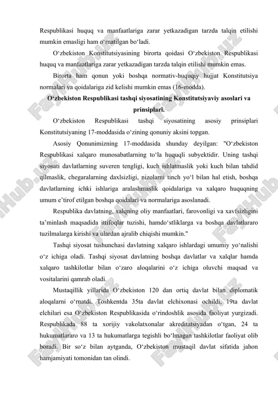 iplomatik aloqalarni o‘rnatdi. toshkentda 35ta davlat elchixonasi ochildi, 19ta davlat elchilari esa o‘zbekiston respublikasida o‘rindoshlik asosida faoliyat yurgizadi. respublikada 88 ta xorijiy vakolatxonalar akreditatsiyadan o‘tgan, 24 ta hukumatlararo va 13 ta hukumatlarga tegishli bo‘lmagan tashkilotlar faoliyat olib boradi. bir so‘z bilan aytganda, o‘zbekiston mustaqil davlat sifatida jahon hamjamiyati tomonidan tan olindi. o‘zbekiston respublikasi konstitutsiyasiga kiritilgan o‘zgartirish va qo‘shimchalar. bizga ma’lumki, 1993 yil 28 dekabrda birinchi bor konstitutsiyaga o‘zgartirish va qo‘shimcha kiritilgan bo‘lib, "o‘zbekiston respublikasining konstitutsiyasiga o‘zgartirishlar va qo‘shimchalar kiritish to‘g‘risida" gi o‘zbekiston respublikasining qonunida shunday deyilgan edi: “o‘zbekiston respublikasi konstitutsiyasi 77-modda 1-qismidagi “150 nafar deputatdan” degan so‘zlar “deputatlardan” degan so‘z bilan almashtirilsin”. konstitutsiyaviy qonun asosida 2003 yil 24 apreldagi "o‘zbekiston respublikasining konstitutsiyasiga o‘zgartirishlar va qo‘shimchalar kiritish to‘g‘risida"gi o‘zbekiston respublikasining qonuniga muvofiq konstitutsiyaning xviii, xix, xx, xxiii boblariga o‘zgartirishlar va qo‘shimchalar kiritildi. jumladan, konstitutsiyamizning o‘zbekiston respublikasi oliy majlisi deb nomlangan xviii bobi ilgari bir palatali parlamentga bag‘ishlangan bo‘lsa endilikda mazkur bobda …