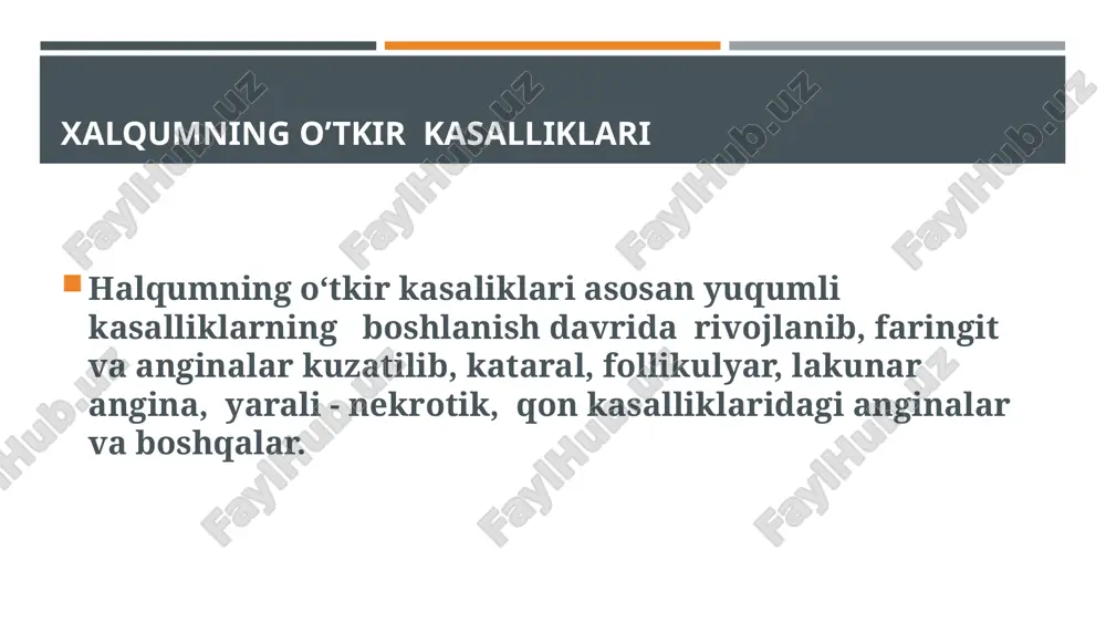 streptokokklar pnevmakokk aralash mikroflora * patogenezi kasalliknin tarqalish yo’llari: tegib turish yo‘li gematogen yo‘l limfogen yo‘l mikroblar toksinlarining ta'siri natijasida yallig‘lanishning patofi-ziologik 3 bosqichi rivojlanib, ular asosida paydo bo‘lgan 5 belgi namoyon buladi. * * yallig’lanish jarayoni issiqlik qizarish shish og’riq fuk.buzulishi. klinikasi: bemor shikoyatlari tana haroratining ko‘tarilishi qaltirash tomoq og‘rishi yutinishning qiyinligi yutinganda og‘riqning paydo bo‘lishi og‘riqning quloq sohasiga tarqalishi og‘izni ochishning qiyinligi trizm manqalanish bo‘yin limfa tugunlarining kattalashishi va og‘rishi. og‘izdan so‘lak oqishi va boshqa belgilar * faringoskopik manzarasi: tanlay murtaklari old va orqa ravoqlarining infil'tratsiyasi qizarish shish tanglay murtaklarining pastga, orqaga, ichki tomonga, oldinga, ba'zan yuqoriga siljishi. tilchaning sog‘lom tomonga siljishi. * joylashish bo’yicha klinik shakllari: 1.orqa peretonzilyar abssess a) yengil trizm b) quloq sohasiga tarqalgan kuchli og‘riq. v) faringoskopiyada murtakning tashqi tomonga va oldinga siljishi. yumshoq tanglayning shishi va infil'tratsiyasi. . * 2. pastki paratonzilyar absess : a) yengil trizm b) quloq sohasiga tarqalgan kuchli og‘riq. …