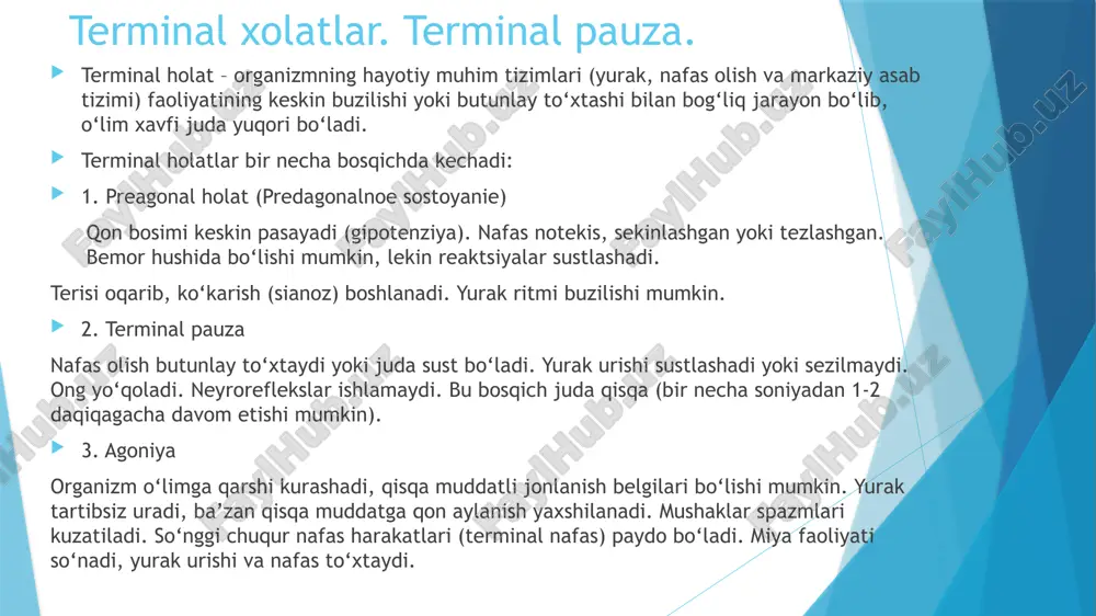 ishi boshlanadi. 2. biologik o‘lim biologik o‘lim – organizmning barcha hujayra va to‘qimalari qayta tiklanmaydigan darajada nobud bo‘lgan yakuniy jarayon. bu klinika o‘limdan keyin sodir bo‘ladi. klinik belgilari ✔️ nafas va yurak faoliyati butunlay yo‘qoladi – uzoq muddat davomida hech qanday hayotiy jarayonlar kuzatilmaydi. ✔️ ko‘z qorachig‘i kengayib, yorug‘likka javob bermaydi. ✔️ "mushak" belgisi – 30 daqiqadan keyin muskul tonusi yo‘qoladi. ✔️ "ko‘z tomchisi" belgisi – ko‘zni barmoq bilan bosganda qorachig‘i deformatsiyalanib, "moyi tomchisi" shaklini oladi. ✔️ tana harorati pasayishi – soatiga 1°c tushadi. ✔️ o‘lim dog‘lari – tana pastki qismida siyohrang-g‘ish rang dog‘lar paydo bo‘ladi (2–4 soatda shakllanadi). ✔️ o‘lik qotishi (rigor mortis) – 2–4 soat ichida boshlanadi, 24 soatda maksimal darajaga yetadi. diagnostikasi ✅ ekg – to‘g‘ri chiziq (asistoliya). ✅ elektroensefalografiya (eeg) – miya faoliyati nolga teng. ✅ termometriya – tana harorati pasaygan (atrof muhit haroratiga moslashib boradi). ✅ ko‘zning kornea refleksi yo‘q – ko‘zning ustiga tegilganda hech …