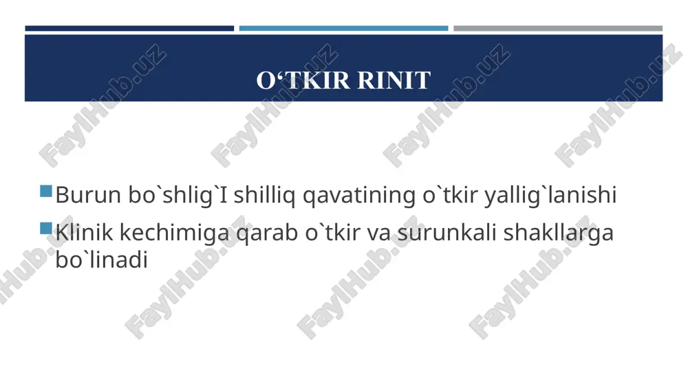 nit: a) allergik shakli mavsumiy doimiy b) neyrovegetativ shakli surunkali kataral rinitning klinikasi bemor shikoyatlar 1. burundan shilimshiq yoki yiringli ajralma oqishi 2. nafas olishning qiyinlashishi 3. burun bitishi (ko‘pincha yotgan holatda) 4. gavdaning holati o‘zgarganda va jismoniy harakatda burun orqali nafas olishning yengillashishi yoki og‘irlashishi 5.turli shikoyatlar - bosh og‘rishi, uyqusizlik , asabiylashish, tomoqning tez-tez og‘rib turishi va boshqalar rinoskopiya manzarasi burun bo‘shlig‘i toraygan (umumiy burun yo‘li keskin toraygan). burun bo‘shlig‘ining shilliq qavati qizargan, shishgan, pastki burun yo‘lida yiringli-shilimshiq ajralmaning to‘planishi, burun chig‘anoqlari kattalashgan, shishgan, qizarganligi aniqlanadi. burun bo‘shlig‘ining shilliq qavatiga qon tomirlarni toraytiruvchi dori surtilganda burun yo‘li kengayadi. bu belgi bilan kataral rinit gipertrofik rinitdan farq qiladi. tashxis davolash: 1. bemorni jismoniy mashg‘ulotlarga jalb etish 2. chiniqtirish 3. ovqatlanish va dam olish tartibiga rioya qilish 4. burun shilliq qavatiga qon tomirlarni toraytiruvchi dorilar sepish. 5. fizioterapiya 6. chalg‘ituvchi terapiya 7. antibiotiklar. 8. gistaminga qarshi dori vositalari, vitaminlar. 9. …