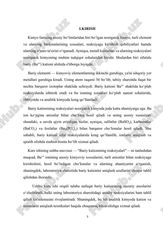 adi. tadqiqot maqsadi: ushbu kurs ishining asosiy maqsadi — bariy kationining (ba²⁺) fizik-kimyoviy xossalarini, uning turli anionlar bilan reaksiyalarini, shuningdek, sanoat, tibbiyot va laboratoriya ishlaridagi amaliy ahamiyatini chuqur o‘rganishdan iborat. tadqiqot davomida quyidagilarga alohida e’tibor qaratiladi: bariy kationining umumiy tavsifi va tabiiy tarqalishini aniqlash; ba²⁺ ionining suvdagi holati va faoliyatini o‘rganish; turli anionlar bilan reaksiyalarini (masalan, sulfat, karbonat, fosfat va xloridlar) tahlil qilish; bariy ionini aniqlashning sifat va miqdoriy usullarini ko‘rib chiqish; bariy birikmalarining sanoat va tibbiyotda qo‘llanilishiga doir amaliy ma'lumotlar asosida xulosa chiqarish. tadqiqot vazifalari: bariy elementi va uning kationi (ba²⁺) haqida umumiy ma’lumotlar to‘plash, ularning fizik va kimyoviy xossalarini o‘rganish. bariy ionining suvli eritmadagi holati va ionlanish darajasini tahlil qilish. bariy kationining turli anionlar bilan reaksiyalarini (sulfatlar, karbonatlar, fosfatlar, xloridlar va boshqalar bilan) nazariy va amaliy jihatdan ko‘rib chiqish. ba²⁺ ionini aniqlash usullarini — sifat (reaktivlar yordamida) va miqdoriy (analitik kimyo metodlari orqali) aniqlash usullarini o‘rganish. bariy birikmalarining …