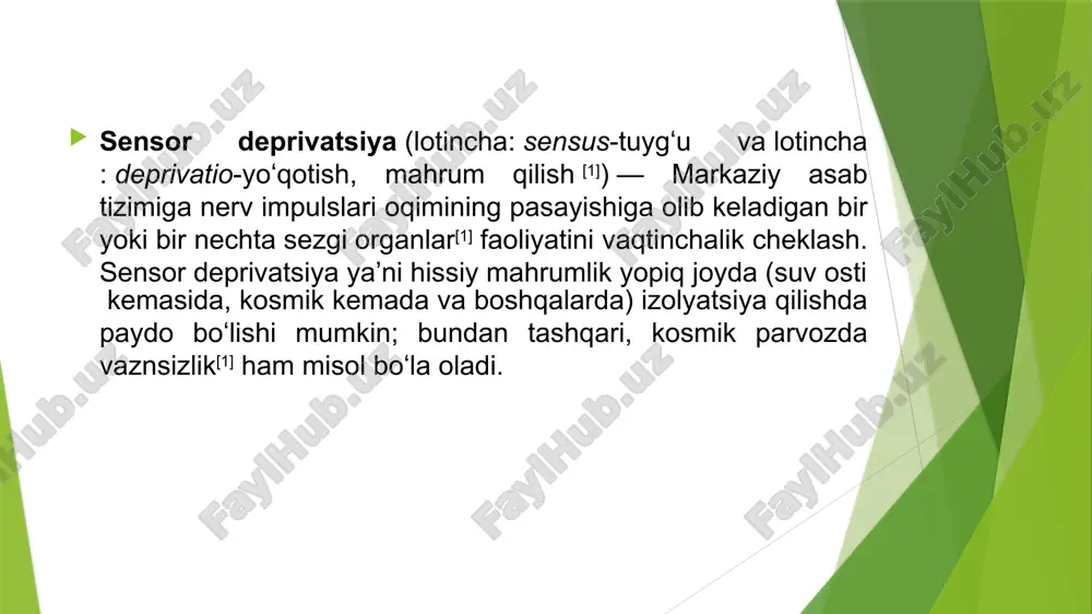 da qoʻllanilishini oʻrganishdi. ularning texnikasi cheklangan atrof-muhitni stimulyatsiya qilish terapiyasi (rest) deb nomlangan. sensor deprivatsiyaning foydali tomonlari turli sohalarda oʻtkaziladigan koʻplab mashqlarida shaxsiyatni tuzatish maqsadida sensor deprivatsiya qilish usuli qoʻllanadi. yopiq koʻzlar, sokin atrof-muhit, yolgʻiz joy, harakatsiz holat, yolgʻizlik — bularning barchasi turli xil oʻz-oʻzini rivojlantirish amaliyotlari uchun ishlatiladigan sensor deprivatsiya turlari hisoblanadi sensor deprivatsiyaning salbiy oqibatlar sensor deprivatisiya oʻtkaziladigan vaqt oshgani sayin, beqaror aqliy faoliyat bosqichida, hissiy labillik pasayish bosqichi namoyon boʻladi yaʼnikim letargiya, depressiya, apatiya, bu qisqa vaqt ichida eyforiya, asabiylashishga aylanadi. sensor deprivatsiya sharoitlari qanchalik ogʻir boʻlsa, fikrlash jarayonlari tez buziladi, bu esa diqqatni bir yerga jamlay olmaslik, muammolar haqida izchil fikr yuritishda namoyon boʻladi. ular oddiy aqliy harakatlarni bajarishda pasayishlar kuzatilishi bilan namoyon boʻladi asosiy ta’siri: qisqa muddatli deprivatsiya: diqqatni jamlashni oshirishi mumkin. meditatsiya va stressni kamaytirishga yordam berishi mumkin. uzoq muddatli deprivatsiya: psixologik muammolar, xayolotlar (gallyutsinatsiyalar), bezovtalik va tushkunlik holatlarini keltirib chiqaradi. kognitiv (aqliy) funktsiyalarga …