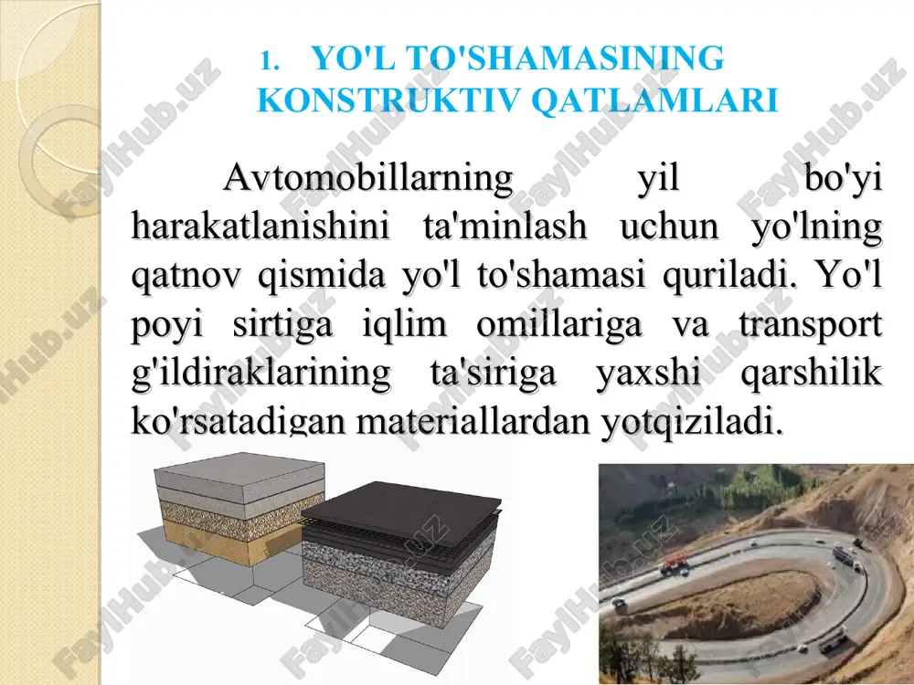 ishlov berilgan chaqiq toshli qoplamalar shimdirish usulida qurilgan chaqiq toshli qoplamalar yo'lda aralashtirilgan qoplamalar chaqiq toshli qoplamalar asfal`tbeton qoplamalar yo'l to'shamasi konstruktsiya-sini nimaga asoslanib tayinlanadi yo'lni texnik toifasiga loyihalanayotgan yo'lni grunti harakat jadalligiga va harakat tarkibiga loyihalanayotgan yo'lni gidrogeologik sharoiti mahalliy yo'l – qurilish materiallari tabiiy iqlim sharoiti beton qoplama choklarining joylashuv sxemasi: 1 - kengayish choki; 2 - siqilish choki; 3 - bo'ylama chok; 4 - shtirlar. nobikir – egilishga qarshiligi kam to'shama. sement-beton, sement-beton asosga yotqizilgan asfal`t-beton qoplamalar. ular cho'zuvchi kuchlanishlarga kam qarshilik fko'rsatadi. gohida umuman qarshilik yo'q. bikir to'shamalar nisbatan katta egilish qarshiligiga va elastiklik modullariga ega bo'lgan bir necha qatlam. bikr to'shamalar elastik asosga yotqizilgan plitalar kabi ishlab, tashqi yuklamadan hosil bo'lgan bosimni katta yuzaga taqsimlaydi yo'l to'shamalari yuklamalari ta'sirida ishlashiga qarab ikki guruhga bo'linadi: sementbeton qoplamalarning hossalari asfalt-beton qoplamalarning hosslalaridan farqli ravishda hororat o'zgarganida o'zgarmaydi, bularning mustahkamligi va bikirligi issiq kunlarda pasayadi. beton aralashmasi tarkibi …