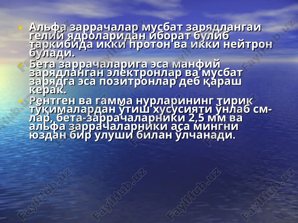 eykotsitlar soni granulotsitlar sarf bo'lishi bilan kamayib ketaveradi. to'sh tekshirib ko'rilganda qon hujayralarining etilishi susayib, keyinchalik suyak iligida hujayralar qolmasligi - pantsitopeniya kuzatiladi. og'ir holatda mielokariotsitlar soni 3-3.109/ l gacha kamayadi. suyak iligida gipoplastik anemiyaga xos retikulyar va plazmatik hujayralar, tiniq bo'lmagan donador neytrofillar va limfotsitlar paydo buladi. yurak-tomirlar majmuasi. nurlangan bemorlarning tomir urishi tezlashib , yurak hajmi kattalashadi, yurak zarblari bug'ik bo'lib, yurak ustida sistolik shovqin eshitiladi. qon bosimi pasayadi. ovkat xazm kilish a'zolari. utkir nurlanish kasalligi paytida ingichka ichak epiteliysi eararlanib ichak devori o'tkazuvchanligi oshadi. natijada hazm qilish va oziq moddalarni so'rilishi buzilib, organizm zaxarlanadi. bemorni ishtaxasi pasayib, ko'ngli ayniydi, qorni shishib, kusadi, ichi ketadi. bemor asablari tekshirib ko'rilganda unda lokaydlik, karaxtlik, pay reflekslarning susayishi kuzatiladi. og'ir hollarda miya pustlog'ining ta'sirlanishi, asablarning organik zararlanish belgilarini ko'rish mumkin. asablar holati. sog'ayish davrida bemorning tana xarorati pasayib, ishtaxasi ochiladi, umumiy ahvoli yaxshilanib, teri ostiga qon quyilishlar to'xtaydi, yuqumli kasalliklar shifo …