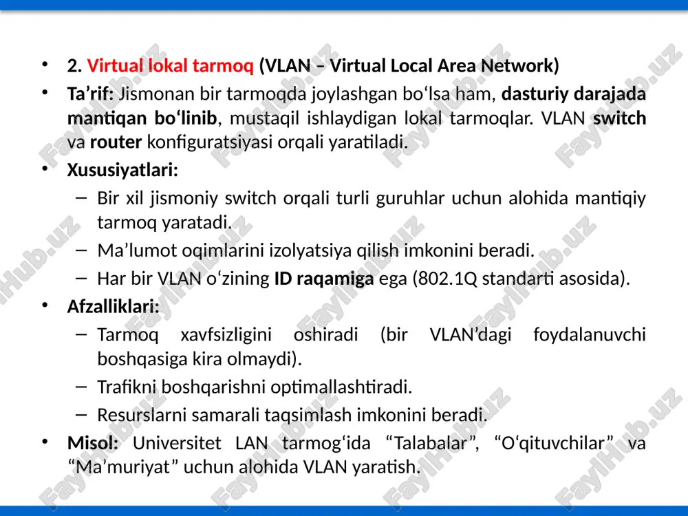 afzalliklari va kamchiliklari ✅ looplarni bartaraf qiladi. ✅ tarmoqni barqaror qiladi. ✅ redundant ulanishlardan samarali foydalanish imkonini beradi. ❌ stp konvergentsiya jarayoni sekin (klassik versiyada ~30–50 soniya). ❌ murakkab tarmoqlarda konfiguratsiya qilish qiyinlashadi. rstp protokoli rstp (rapid spanning tree protocol) — bu stp (spanning tree protocol)’ning takomillashtirilgan versiyasi bo‘lib, ieee 802.1w standarti asosida ishlab chiqilgan. asosiy vazifasi – ethernet tarmoqlarida looplarni oldini olish, lekin oddiy stp’dan ancha tezroq konvergentsiya (yo‘lni qayta hisoblash) jarayonini ta’minlash. ieee 802.1w standarti asosida ishlab chiqilgan. stp’dan farqli ravishda tezroq konvergentsiya. topologiya o‘zgarishlariga tez javob beradi. afzalligi: stp ga qaraganda 10 baravar tez. kamchiligi: eski uskunalar bilan mos emas. rivojlanish tarixi protokol standart yil xususiyatlari stp ieee 802.1d 1985 halqalarni oldini oladi, sekin konvergentsiya rstp ieee 802.1w 2001 tezroq tiklanish mstp ieee 802.1s 2003 bir nechta vlan uchun bir nechta spanning tree sdn - 2010+ dasturiy boshqaruv asosida dinamik marshrutlash 1. rstp ning stp’dan farqlari tezlik: …