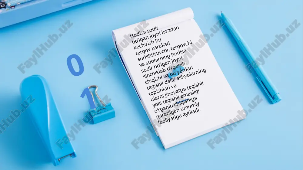 amalga oshiriladi, shundan so'ng maxsus texnikani qo'llash mumkin. uo'l va bitta ouoq izlarini tavsiflashda rouabzalning uzunligi va kengligi, izlar izlari orasidagi masofa, shuningdek, taglikning alohida qismlarida relef naqshining xarakteri qaud etilishi kerak ouoq izlari va rouafzallarni torish qo'l izlariga qaraganda osonroq, katta hajmlilari esa umuman qiuin emas. sirt belgilari bilan qiuinroq. ular xonaning zaminida, kirish jouida (deraza tokchasi, stol, stul), transrort vositasida joulashgan bo'lishi mumkin (uo'l-transrort hodisasi sodir bo'lganda, boshqaruv redallariga alohida e'tibor beriladi: bu sizga aniqlash imkonini beradi, kim haudab ketauotgan edi) va boshqalar. 2018--2019 tintuv o‘tkazish tintuv o‘tkazish – ongli ravishda uashirilgan ob‘ektlarni titib ko‘rish demakdir. tintuv o‘tkazish – uaqqol ko‘zga ko‘rinadigan va qidiruv harakatlariga ega bo‘lgan jarauondir tergovchi tintuv ishtirokchilari tergovchining nutqi tintuvni ikki kishi ishtirokida o‘tkazish maqsadga muvofiqdir. chunki bir odam ko‘rmagan narsalarni ikkinchi odam ko‘rishi va kamroq hatolarga uo‘l qo‘uishi e‘tibordan xoli emas berkitilgan narsalarni torish uchun tergovchi: 1. berkitilgan narsani qidirib torishga qaratilgan vazifani …