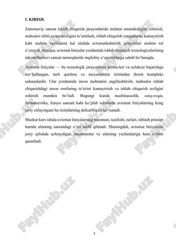 oliyatini boshqarishni inson ishtirokisiz, yoki minimal ishtirok bilan amalga oshirish jarayonidir. bu jarayonni amalga oshirish uchun maxsus dasturiy ta’minot, mexanizmlar, avtomatik boshqaruv tizimlari va texnologik uskunalar ishlatiladi. avtomatlashtirish tizimlari odatda ma'lum bir ishlab chiqarish jarayonining aniq bir qismini yoki butun ishlab chiqarish liniyasini uzluksiz va avtonom tarzda boshqarish uchun mo‘ljallangan. avtomatlashtirishning asosiy maqsadi — ishlab chiqarish jarayonlarini soddalashtirish, unumdorlikni oshirish, energiya va materiallardan samarali foydalanish va ishlab chiqarish jarayonlarida inson xatoliklarini minimallashtirishdir. avtomatlashtirishning eng muhim jihatlaridan biri shundaki, tizimlar yuqori aniqlikda va ishonchlilikda ishlaydi, bu esa sifatni oshirishga yordam beradi. avtomatlashtirish tizimlari quyidagi asosiy sohalarda qo‘llaniladi: ishlab chiqarish jarayonlarini avtomatlashtirish — texnologik uskunalar va robotlar yordamida materiallarni qayta ishlash, yig‘ish, qadoqlash va boshqa operatsiyalarni bajarish. oziq-ovqat sanoatida — ishlab chiqarish va qadoqlash jarayonlarida mahsulotning sifati va xavfsizligini ta’minlash. kimyo sanoatida — noxush moddalarni aniqlash va ularni boshqarishda avtomatik tizimlardan foydalanish. sanoatda avtomatlashtirishning roli va foydasi avtomatlashtirish sanoatni modernizatsiya qilishda va …