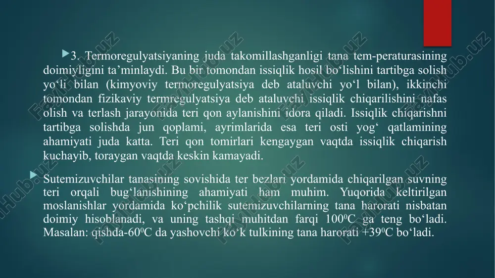 h, bo‘yin, tana, dum va oldingi hamda orqa oyoqlarga bo‘linadi. bu bo‘limlarning shakli va bir-biriga nisbati ham har xil bo‘lib, sutemizuvchilarning yashash sharoitiga, harakatiga, o‘lja tutishiga va dushmanlaridan himoyalanishiga moslashishiga qarab o‘zgargan. quruqlikda yashovchi sutemizuvchilar vakillariga hasharotxo‘rlardan tipratikan; yirtqichlardan bo‘ri, tulki, ayiq, arslon, qoplon; tuyoqlilardan ot, qo‘y, kiyik, cho‘chqa; xaltalilardan kenguru; xartumlilardan fil; kemiruvchilardan qo‘shoyoqlar kiradi. bu hayvonlarning tuzilishi yashash sharoitiga moslashgan. ko‘pchilik yirtqichlarning bo‘yni va oyog‘i qisqa bo‘ladi. ular ichida yugirishga moslashaganlari ham bor. masalan: kiyik, sayg‘oqlarning bo‘yni va oyoqlari yirtqichlarnikiga nisbatan baland bo‘ladi. sutemizuvchilarning sakrovchilari ham bo‘ladi (kengurular, qo‘shoyoqlar va boshqalar). ularning orqa oyoqlari uzun, oldingi oyoqlari qisqa, dumi uzun bo‘lib, sekin harakat qilganda dumi tayanch vazifasini bajaradi. sutemizuvchilarning tabiiy muhitga moslashish tiplari: yer ustida yashovchi sutemizuvchilar vakillari: 1-bo‘ri, 2-gepard, 3-jayron, 4-asl bug‘u, 5-sakrovchi-qo‘shoyoq. yer ostida yashovchi sutemizuvchilar vakillari: 6-krot, 7-gigant ko‘rsichqon. sutemizuvchilarning tabiiy muhitga moslashish tiplari. daraxtda yashovchi sutemizuvchilar vakillari: 1-uchuvchi-letyaga, 2-o‘rgimchaksimon maymun. uchuvchi sutemizuvchilar vakili: 3-shalpangquloq …