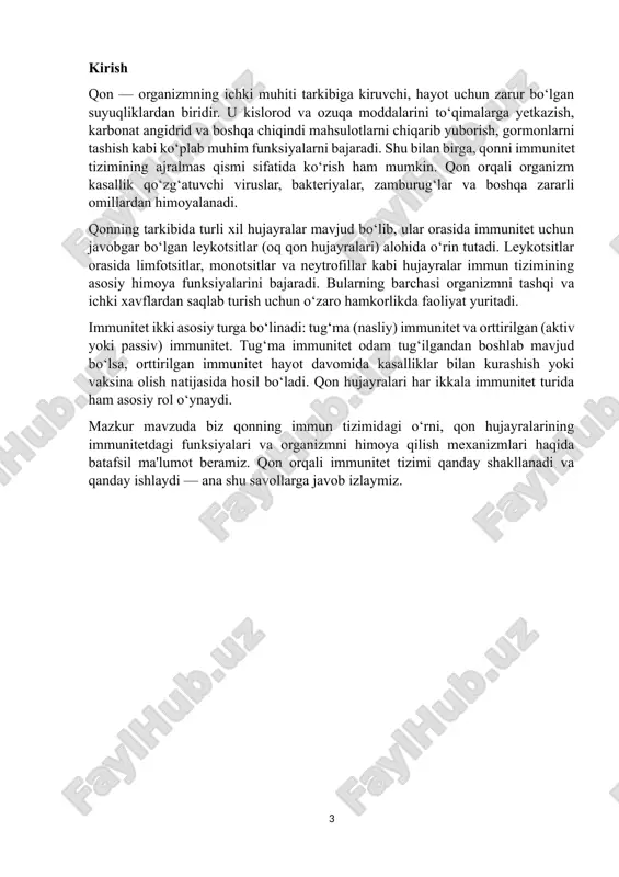 ga yordamida aylantirilsa, shaklli elementlar ogʻirroq boʻlgani uchun choʻkma hosil qiladi, yuqori qavat tiniq, rangsiz yoki och sariq rangli plazmadan iborat boʻladi[4]. shunday qilib, plazma qon hajmining 55-60 % qismini, shaklli elementlar esa 40-45 % qismini tashkil etishi aniqlangan. qonning umumiy hajmidan eritrotsitlarga toʻgʻri keladigan qismi gematokrit son deb ataladi. erkaklarda gematokrit son 44-46 % , ayollarda esa 41-43 % boʻladi. qon tizimining tarkibiga qon tomirlarida aylanib yurgan qon, qonning shaklli elementlari paydo boʻladigan va yetiladigan qon yaratuvchi aʼzolar, qonning shaklli elementlari yemiriladigan aʼzolar kiradilar. nazarenko g. i., kishkun a. a. klinicheskaya otsenka rezultatov laboratornix issledovaniy // m.: meditsina — 2006. — 544 s. isbn 5-225-04579-0 qon shaklli elementlarining hosil boʻlishi gemopoez deb ataladi. bu jarayon asosan suyak koʻmigida sodir boʻladi. qonning klinik ahamiyati hujayra ichidagi suyuqlik, qon plazmasi, to’qima suyuqligi tarkibi turlicha boʻlgani sababli qon, toʻqima suyuqligi va hujayralar orasida katta hajmli suv, ionlar, elektrolitlar, anionlar, kationlar, metabolizm mahsulotlari …