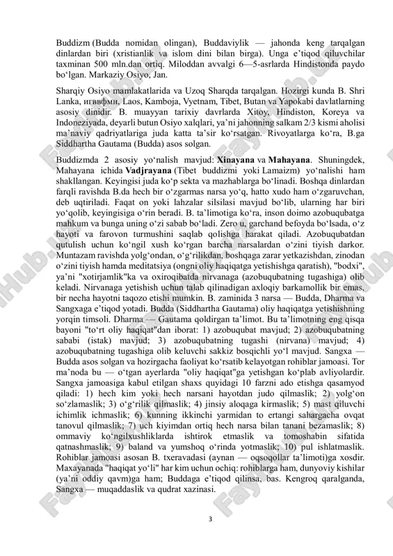 loddan avvalgi 3-asr) davrida b. kuchli mustaqil din sifatida shakllandi. 9 a. muvaffaqiyatli faoliyat koʻrsatgan b. hindistonda inqirozga yuz tuta boshladi va pirovardida bu yerda uning oʻrnini xinduizm toʻliq egalladi. ammo b. shri lanka, jan.sharkiy osiyo va markaziy osiyo orkali xitoy, koreya, yaponiya va tibetga yoyilib ulgurgan edi. shri lanka va jan.sharqiy osiyoning materik qismida b. txeravadasi (qad. anʼanalarga sodiqlik), xitoy, koreya, yaponiya va tibetda esa maxayana (yangicha yondashuvlar) tarkaldi. 15-asrda osiyo qitʼasida paydo boʻlgan yevropaliklar b. bilan tanishdilar. ularning baʼzilari b.ga kirgach, angliya, germaniya, aqshda oʻz jamoalarini tashkil etdilar. xitoylik va yaponiyalik muhojirlar bu eʼtiqodni gavay orollari va aqshning gʻarbiy sohillariga olib keldilar. hozirgi paytda aqshga koʻplab yapon va tibet rohiblari hamda olimlarining kirib kelishi natijasida mamlakat boʻylab yirik b. jamoalari tashkil topdi. b.ning bir necha xalqaro tashkilotlari ham mavjud. b.da kundalik, davriy, maxsus va bayram marosimlari ado etiladi. monastir, butxona va xonadonlarda ertalabki va kechki ibodatlar uyushtiriladi. odatda, …