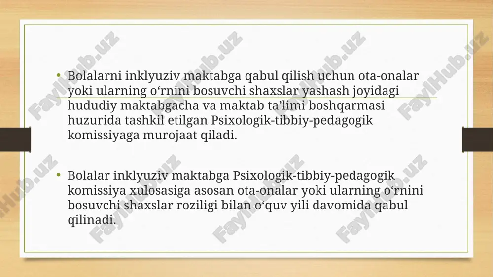 lim maktabini tamomlaganlik toʻgʻrisidagi guvohnomadan sezilarli darajada farq qiladi va alohida ehtiyojli bolalarning keyingi kasbiy taʼlim olishiga katta toʻsiq boʻladi uyda o‘qigan nogiron bolaning o‘qishni tugatganligini tasdiqlovchi hujjat ham odatdagi bitiruv guvohnomasidan farq qiladi. ushbu hujjatda mavzular va belgilar ro‘yxati cheklangan, unda ba'zi talab qilinadigan mavzular mavjud emas. natijada uyda o‘qiyotgan bolalar kollej, litsey yoki universitetga kirishda to‘siqlarga duch kelishlari mumkin inklyuzivlikni amalga oshirishning huquqiy asoslari va mexanizmlari 2009-yilda o‘zbekiston tomonidan imzolangan va haligacha ratifikatsiya qilinmagan nogironligi bo‘lgan bolalar huquqlari to‘g‘risidagi bmt konventsiyasining 24-moddasiga ko‘ra, “boshqalar qatori mamlakatimizda inklyuziv, sifatli va bepul boshlang‘ich ta’lim va o‘rta ta’lim olish imkoniyatiga ega bo‘lishi kerak. ularning yashash joylari". demak, inklyuziv ta’lim huquqi inson huquqlaridan biri sifatida e’tirof etilgan, bu xalqaro standartdir o‘zbekistonda inklyuziv ta’limni rivojlantirish davlat, jamiyat va imkoniyati cheklangan bolalar hamda ularning ota-onalari manfaatlariga xizmat qiladi, deb hisoblayman. maktab, kollej, litsey yoki oliy o‘quv yurtlaridagi o‘quv jarayoni nafaqat bilim olish, balki muloqot …