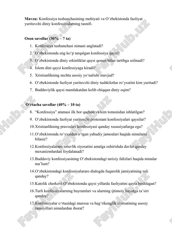 konfessiyalar bilan ishlashda mahalliy hokimiyatlar vakolatlari qanday? 23. diniy konfessiyalarning oavdagi faolligi va ularning axborot siyosatiga ta’siri qanday baholanadi? 24. diniy konfessiyalar o‘rtasida tahammulchanlikni rivojlantirishda xalq ta’limi va oavning roli qanday? 25. o‘zbekiston tajribasida konfessiyalararo totuvlikning xalqaro ahamiyati qanday namoyon bo‘lmoqda? 1 abdulla qodiriy nomidagi jizzax davlat pedagogika universiteti matematika yo’nalishi 1-bosqich talabasi 114-24-guruh isroilova sevinchning “dinshunoslik” fanidan mustaqil ishi. 2 mavzu: hanafiy mazhabi rivojida markaziy osiyo faqihlarining roli va hissasi. reja: kirish 1. hanafiy mazhabi va uning markaziy osiyodagi tarixi 2. hanafiy mazhabi rivojida o`rta osiyo faqihlarining roli va hissasi 3. o`rta osiyoga hanafiy mazhabining keng yoyilishiga buxoro olimlarining o’rni xulosa adabiyotlar 3 kirish islom dini vii asrda arabiston yarim orolida paydo bo‘lib, qisqa vaqt ichida keng hududlarga tarqaldi va dunyo dinlari ichida o‘ziga xos o‘ringa ega bo‘ldi. islomning rivojlanishida diniy ta’limotlar bilan bir qatorda, huquqiy tizim – fiqh ham muhim o‘rin egallaydi. fiqh, ya’ni islomiy huquqshunoslik, musulmonlar hayotining …