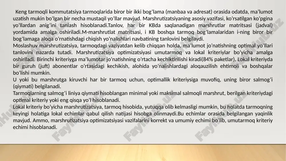 ford va falkerson usullari, diykstr va relef usullari). barcha manbaa-adresat juftliklari orasida tarmoqqa kelib tushuvchi o’rta yuklama hisobi bilan tarmoq bo’yicha, tanlangan marshrutizatsiya optimalligi kriteriysini minimallashtiruvchi (maksimallashtiruvchi) berilgan manbaa-adresat jufti uchun mumkin bo’lgan marshrutlar tanlash ehtimolligi algoritmlari.bu holatda, berilgan manbaa-adresat jufti uchun, tanlash ehtimoli ko’p bo’lgan ko’plab marshrutlar aniqlanadi (oqimlar deviatsiyasi usuli, ekstremal oqimlar usuli va r.gallager algoritmi). marshrutizatsiya algoritmlarida ko’p turli ko’rsatkichlardan foydalaniladi. marshrutizatsiyaning qiyin algoritmlari marshrut tanlashda ko’pgina ko’rsatkichlarda jamlanishi mumkin, natijada yagona integral ko’rsatkich hosil bo’ladi. quyida marshrutizatsiya algoritmlarida qo’llaniadigan ko’rsatkichlar berilgan: marshrut uzunligi. marshrut uzunligi marshrutizatsiyadagi umumiy ko’rsatkich hisoblanadi.marshrutizatsiyaning ba’zi bayonlari, tarmoq ma’murlariga har bir tarmoq kanali uchun narx belgilash imkonini beradi.bu holatda, trakt uzunligi, har bir ko’ndalang ulangan kanallar bilan bog’liq harajatlar summasi hisoblanadi.marshrutizatsiyaning boshqa bayonlari “jo’natmalar sonini” belgilaydi, ya’ni, paket tarmoq mahsulot birlashmasi orqali manbaadan to borish punktigacha o’tishi kerak bo’lgan o’tkazmalar sonini tasniflovchi ko’rsatkich (routerlar kabi). ishonchlilik. marshrutizatsiya algoritmlari ishonchliligiga tarmoqning har bir …