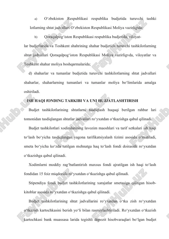 ajburdirlar. ish haqi fondining to‘g‘ri sarf qilinishi, belgilangan stavkalar va shtatlarga rioya etilishi uchun javobgarlik budjet tashkilotlarining rahbarlari va bosh hisobchilari zimmasiga yuklatilgan. ish haqidan ushlab qolinadigan summalar (daromad solig‘i va boshqalar)ning hisob-kitobi budjet tashkilotiga xodimni ishga qabul qilish haqidagi buyruq asosida buxgalteriya xodimga tabel raqami beradi, tabel yurituvchi shaxs esa uning familiyasini ish vaqtidan foydalanish hisobi va ish haqini hisoblash tabeli (392-mex shakl)ga kiritadi. buxgalteriya xodimni ishga qabul qilish haqidagi buyruq asosida kartochka-ma’lumotnoma (417-shakl)ni ochadi. u yil davomida xodimning ish haqi to‘g‘risidagi ma’lumotlarni ro‘yxatga olish uchun qo‘llaniladi. kartochka-ma’lumotnoma har bir xodimga ochiladi. kartochka-ma’lumotnomalar ishchi va xizmatchilarning o‘tgan davrdagi ish haqi to‘g‘risidagi ma’lumot olish uchun xizmat qiladi. kartochka-ma’lumotnomada xodim to‘g‘risidagi umumiy ma’lumotlardan (familiyasi, ismi, otasining ismi, tabel raqami, lavozimi, oylik miqdori, tarifikatsiya bo‘yicha razradi, tug‘ilgan yili, qayerda ishlashi, mehnat haqidan ushlanmalar, soliq bo‘yicha imtiyozlar va boshqalardan) tashqari har oyda ishlagan kunlari soni va turlari bo‘yicha hisoblangan ish haqi summasi qayd …