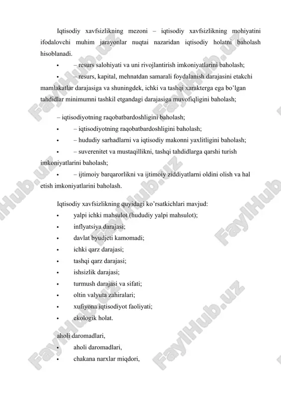3) moliyaviy holat bilan bog’liq bo’lib, ular quyidagilardan iborat: 1-guruh ko’rsatkichlari tarkibi 1. – yaim umumiy hajmi – “katta yettilik” bo’yicha o’rtacha indikatorning 75 foiz miqdorida; 1. – aholi jon boshiga yaim hajmi – “katta yettilik” bo’yicha o’rtacha indikatorning 50 foiz miqdorida; 1. – dunyo bo’yicha o’rtacha indikatorning 100 foiz miqdorida; 1. – sanoat mahsuloti ishlab chiqarishi umumiy hajmida qayta ishlash sanoati ulushi – 70 foiz; 1. – yaimda investitsiyalar ulushi – 25 foiz; 1. – sanoat ishlab chiqarishida mashinasozlik ulushi – 20 foiz; 1. – aholining ichki iste’molida import ulushi – 30 foiz, shu jumladan oziq-ovqat mahsulotlari – 25 foiz; 1. – mahsulot ishlab chiqarishning umumiy hajmida yangi mahsulotlar ulushi – 6 foiz 2-guruh ko’rsatkichlari tarkibi 1. – aholining umumiy sonida yashash minimumidan past daromadga ega bo’lgan fuqarolar ulushi - 7 foiz; 1. – umr ko’rish uzunligi – 70 yosh; 1. – boy va kambag’allar daromadlari o’rtasidagi tafovut – …