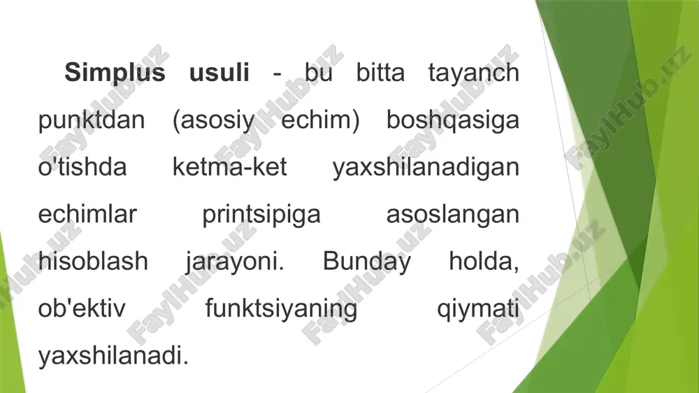 ar) umumiy ustunning tegishli elementlariga bo'linadi (bir birlik uchun resursni sarflash darajasi). olingan natijalardan eng kichigi tanlanadi. ushbu iteratsiyada tegishli chiziq umumiy deb nomlanadi. ushbu berilgan iteratsiyada ishlab chiqarishni cheklaydigan resursga mos keladi. umumiy ustun va satr chorrahasida joylashgan soddalashtirilgan jadvalning elementi umumiy element deyiladi. keyin umumiy chiziqning barcha elementlari (shu jumladan bepul muddat) umumiy elementga bo'linadi. ushbu operatsiya natijasida umumiy element birlikka tenglashadi. bundan tashqari, umumiy ustunning barcha boshqa elementlari nolga teng bo'lishi kerak, ya'ni. umumiy ustun bitta bo'lishi kerak. barcha chiziqlar (umumiylardan tashqari) quyidagicha o'zgartiriladi. olingan yangi qator elementlari umumiy ustundagi mos keladigan element bilan ko'paytiriladi va natijada olingan mahsulot eski satr elementlaridan chiqariladi.yangi asos o'zgaruvchilarining qiymatlarini bepul atamalar ustunining tegishli hujayralarida olamiz. beshinchi bosqich. olingan asosiy yechim optimalligi tekshiriladi (uchinchi bosqichga qarang). agar u eng maqbul bo'lsa, hisob-kitoblar to'xtaydi. aks holda, yangi asosiy yechimni (to'rtinchi bosqich) va boshqalarni topish kerak. simplex usuli chiziqli dasturlashni optimallashtirish masalalarini soddalashtirish …