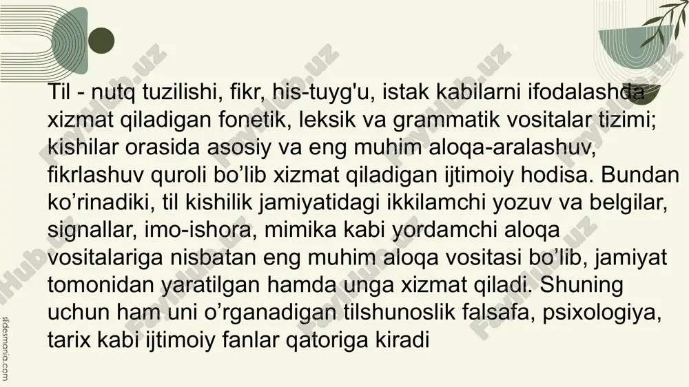 tilni umuman insonga xos hodisa sifatida o’rganuvchi tilshunoslik yo‘nalishi. umumiy tilshunoslik dunyo tillariga xos umumiy belgi-xususiyatlarni o’rganish bilan shug’ulanadi siz 4-kursda «tilshunoslik nazariyasi» fanida mazkur yo‘nalishga doir bilimlar olasiz xususiy tilshunoslik - ma’lum bir tilning belgi-xususiyatlarini o‘rganuvchi soha. masalan, o'zbek tilshunosligi, rus tilshunosligi kabi amaliy tilshunoslik - tilshunoslikning lingvistik masalalarni amaliy yo’l bilan o’rganuvchi yo'nalishi bo’lib, u eksperimental fonetika, leksikografiya, lingvostatistika, grafika kabi sohalarni o‘z ichiga oladi. shuningdek, transkripsiya, transliteratsiya masalalari bilan ham amaliy tilshunoslik shug'ulianadi struktural lingvistika (strukturalizm ) -tilshunoslikning o‘z tekshirish manbaini tildagi ichki munosabatlar va aloqalar bilan chegaralovchi, til va tafakkurnmg o'zaro munosabati. tilning jamiyat bilan aloqasi kabi masalalarni chetlab o‘tuvchi sohasi matematik lingvistika - tilshunoslikning tilni tadqiq etish va tasvirlashda matematik metodlardan foydalanish imkoniyatlarini o’rganuvchi sohasi. tilshunoslik fani taraqqiyoiida yuzaga kelgan turli lingvistik maktab va oqimlar tilga qanday yondoshish hamda tahlil metodlarini turlicha bo’lishidan qat’i nazar hozirgi zamon tilshunosligi quyidagi uch asosiy tarmoqqa bo‘linadi: 1) ekstralingvistika; …