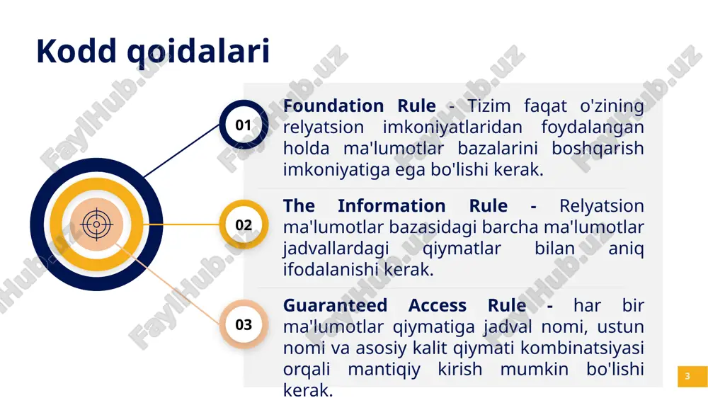 ladi. birlamchi kalit jadvaldagi har bir satr yoki yozuv uchun unikal identifikator. u ma'lumotlar yaxlitligini ta'minlash va ma'lumotlarni bir nechta jadvallar bo'ylab bog'lash uchun ishlatiladi. 01 02 03 7 kompozit kalit jadvaldagi har bir satr yoki yozuv uchun unikal identifikator bo'lib xizmat qiladigan ikki yoki undan ortiq maydonlarning kombinatsiyasi 04 agar a va b jadvalidagi o’zaro bog’langan ustunlarda bir xil qiymatlar mavjud bo’lsa, ikkala jadvaldagi bu yozuvlar o’zaro bog’langan bo’ladi ! relyatsion ma'lumotlar bazasidagi jadvallar o'rtasida asosan uchta turdagi ulanishlar (munosabatlar) mavjud: birdan birga (1 - 1) birdan ko'pga (1 - m) ko'pdan ko'pga (m - m) 10 agar a jadvalidagi har bir yozuv b jadvalidagi ko'pi bilan bitta bog'langan yozuvga ega bo'lsa, a va b jadvallari birdan birga munosabatda bo'ladi. agar a va b jadvallari birdan ko'pga bog'liq deyiladi, agar a jadvalidagi har bir yozuv b jadvalidagi bir nechta yozuv bilan bog'lanishi mumkin bo'lsa, lekin b jadvalidagi har bir …