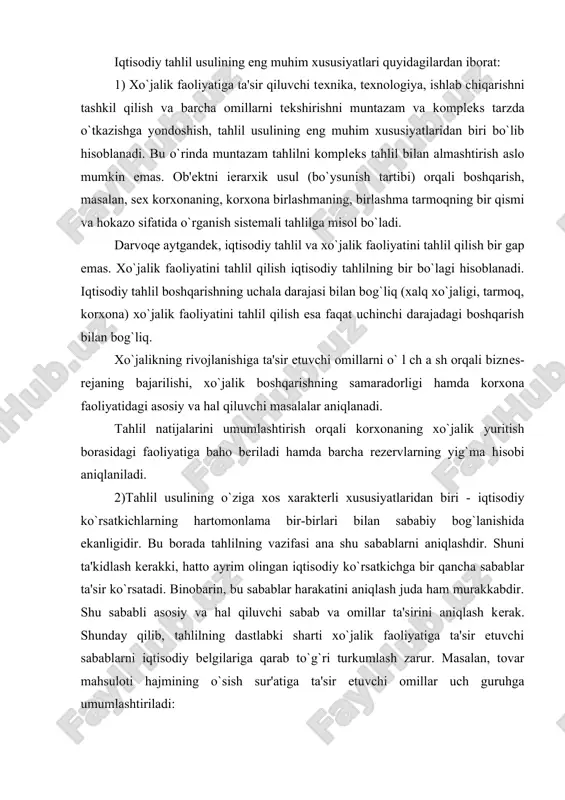 iyatiga ta'sir etuvchi sabablarni iqtisodiy belgilariga qarab to`g`ri turkumlash zarur. masalan, tovar mahsuloti hajmining o`sish sur'atiga ta'sir etuvchi omillar uch guruhga umumlashtiriladi: 1)mehnat omillari. bunga korxonaning ishchi kuchi bilan ta'minlanishi, ish vaqtidan foydalanish va mehnat unumdorligi kiradi. 2)mehnat vositalari omiliga esa korxonaning asosiy fondlar bilan qay darajada ta'minlanganligi, ularning hajmi, strukturasi (tuzilishi), o`sish sur'atlari, texnik holati va ulardan foydalanishning samaradorlik darajasi singari masalalar kiradi. 3)mehnat predmetlari omillari. bularga korxonaning xom ashyo va asosiy materiallar bilan ta'minlanganligi, ulardan foydalanish, samaradorlik darajasi kabi masalalar kiradi. yuqorida sanab o`tilgan omillar o`ziga xos mustaqil ma'noga ega bo`lishi bilan birga o`zaro bir-biri bilan uzviy ravishda bog`langandir. binobarin, bu omillarning ta'sirini mexanik tarzda bir-biriga aslo qo`shib ham bo`lmaydi. chunonchi, mehnat unumdorligining o`sishi ishchilar malakasi va ish vaqtidan samarali foydalanishiga bog`liq (mehnat omillari). so`ngra, mehnat unumdorligi ishlab chiqarish quvvatlaridan foydalanish darajasiga (mehnat qurollari omillari), hamda xom ashyo va materiallardan tejamkorlik va oqilona foydalanish (mehnat predmetlari omillari)ga bog`liq. …