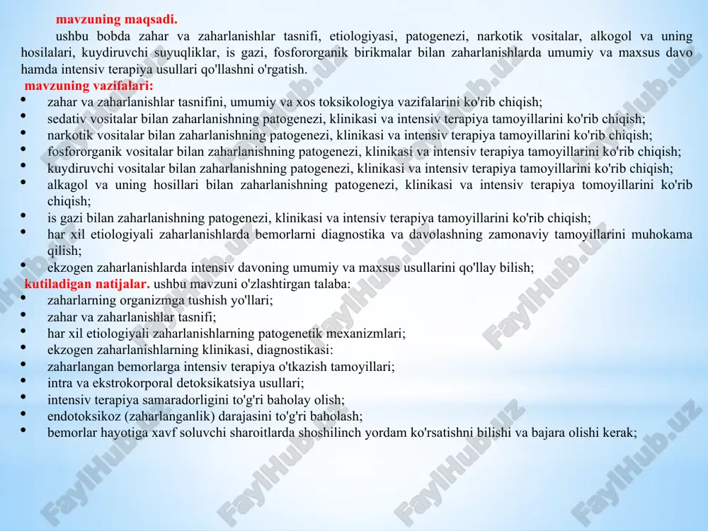 ikatsiyasi tasodifan zaharlanishlar. ishlab chiqarishida yuzaga keladigan zaharlanishlar. maishiy zaharlanishlar. a) o'z-o'zini davolash natijasida zaharlanish. b) dori vositalarini miqdorini oshishi natijasida zaharlanish. v) alkogol yoki narkotik moddalardan zaharlanish. 3. tibbiy xatolik natijasida zaharlanish. ii. oldindan rejalartirilgan zaharlanishlar. 1. kriminal zaharlanishlar. a) birovni o'ldirish maqsadida. b) kuchsizlantirish maqsadida. 2. o'z joniga qasd qilish maqsadida. zahar moddalarning organizmga kirishiga qarab quyidagi turlari farqlanadi: peroral – og'iz orqali ko'pincha maishiy zaharlanishlarda uchraydi. ingalyatsion – nafas yo'llari orqali ko'pincha ishlab chiqarishdagi zaharlanishlarda uchraydi. teri orqali zaharlanishlar. in'ektsion zaharlanishlar ham farqlanadi – zahar moddalarni organizmga sanchib kiritish – ilon, chayon, hasharotlar chaqishi va zaharli moddalarni in'ektsiya qilish. zaharli moddalarni to'g'ri ichakka va quloqqa tushishi oqibatida zaharlanish. zaharli moddalarning tanlab tasir qilishiga qarab klassifikatsiyasi № moddalar ta'siri dori vositalari. 1. yurakka tasir qiluvchi zaharli moddalar: kardiotoksik tasir yurakda o'tkazuvchanlik va ritmning buzilishi, miokardda toksik distrofiyaning yuzaga kelishi. yurak glikozidlari (digitalis, digoksin, lantozid) antidepressantlar: (imipramin, amitriptilin), o'simlik …