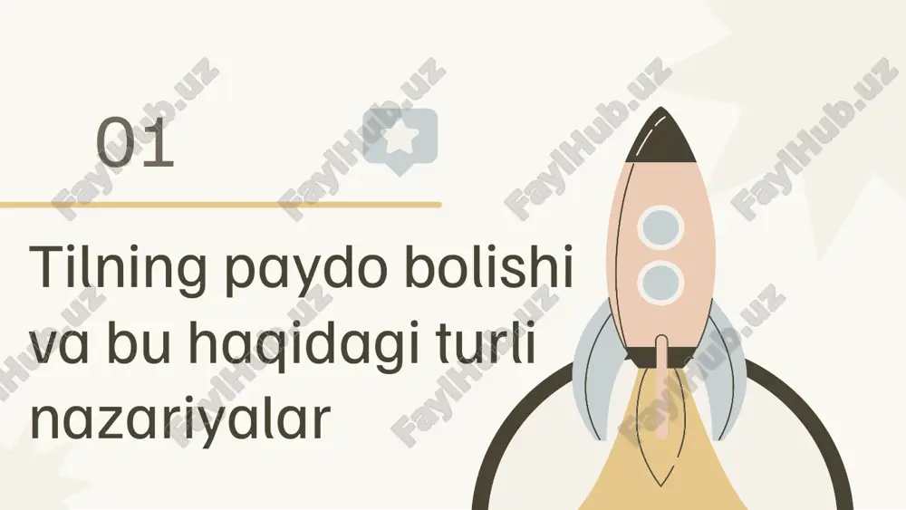 moq), dod (dodlamoq) kabilarni misol keltiradilar va tildagi boshqa so`zlar esa ana shu kabi so`zlarning kombinatsiyalaridan kelib chiqqan, deb hisoblaydilar. xviii asrda yashagan fransuz olimi jan jak russo ham shu nazariya tarafdorlaridan biri bo`lgan. 3. mehnat chaqiqiglari jamoa mehnati paytida paydo bo‘lgan tovushlar. kamchilik: aloqa vositasi sifatida yetarli emas. 4. imo – ishoralar nazariyasi. insonlar tovush tili paydo bo`lgunga qadar bir birlari bilan imo-ishora orqali aloqa qilganlar. kamchilik: imo-ishoralar soni chegaralangan. 5. ijtimoiy kelishuv so‘zlar odamlar o‘rtasidagi kelishuv natijasida yaratilgan. kamchilik: kelishuv uchun allaqachon til zarur. mehnat qiyqiriqlari nazariyasi. bu nazariya tarafdorlari tildagi barcha so`zlar ibtidoiy kishilarning birgalashib mehnat qilishlari jarayonida mehnat qilishga undaydigan ixtiyorsiz qiyqirishlar natijasida paydo bo`lgan, deb da’vo qiladilar. uning asoschisi xix asrning ikkinchi yarmida yashagan fransuz faylasufi l.nuaredir. nemis olimi karl byuxer ham shu nazariyani qo`llab quvvatlagan. imo – ishoralar nazariyasi. bu nazariyaning asoschilari nemis olimi vundt va akademik n.y.marr bo`lib, ularning fikricha, insonlar tovush tili …