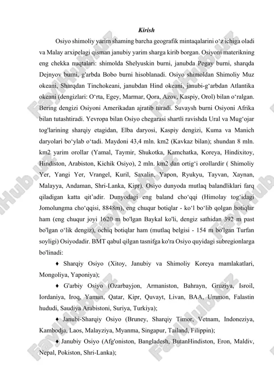 ul xoli, dashti kabir, taklamakon, gobi) va tibet, himolay, hindiqush tog‘larining baland joylarida aholi deyarli yashamaydi. osiyo qit'asi, tarixan, turli xalqlarning rivojlanishida va madaniyati shakllanishida muhim rol o'ynagan. bu yerda yashovchi xalqlar o'zlarining an'anaviy xo'jalik faoliyatlari bilan tanilgan. bugungi kunda esa, bu xalqlar o'zlarining tarixiy meroslarini saqlab qolish bilan birga, zamonaviy iqtisodiy sharoitlarga moslashishga harakat qilmoqda. old osiyoning etnik tarixi. old osiyoda odamlar o'nlab ming yilliklardan buyon yashab kelmokdalar. bundan 40-50 ming yil igari hududda zamonaviy „qiyofadagi odamlar yashay boshlaganlar. taxminan 10 ming yil ilgari mesopotamiyada, o‘rta yer », dengizning sharqiy sohillarida, kaspiy dengizining janubiy-sharqiy rayonlarida ilk dehqonchilik va chorvachilik madaniyatlari shakllangan, bu hududlarda odamlar sopol buyumlar yasashni, madanlarni eritish va ularga ishlov berishni o‘zlashtirganlar, keyinchalik shurner va akkadda ilk shahar davlatlarga asos solishgan. olimlar old osiyoning qadimgi aholisi etnik tarkibi haqida aniq m a’iumotlami ham aynan mil.av iv-v ming yilliklarda yozuv paydo bomganidan so‘ng qolga kiritishadi. g'arbiy yoki old …
