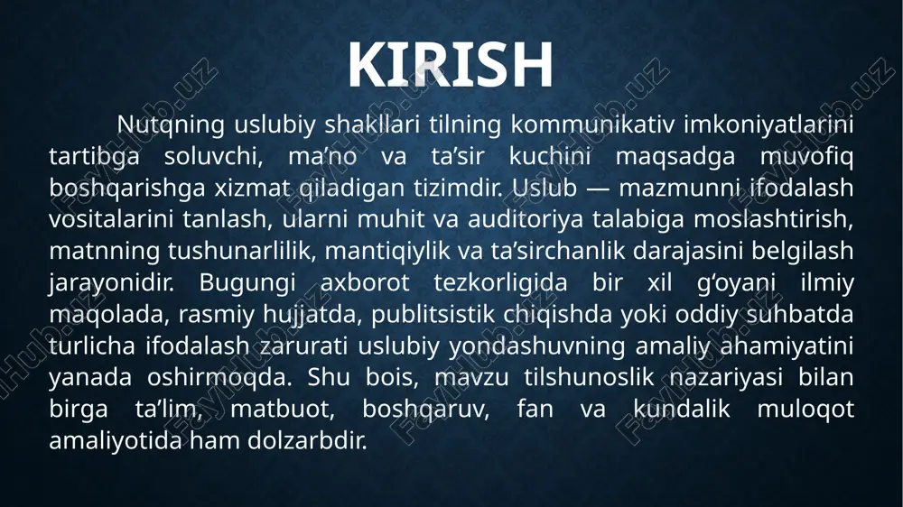 ashtirishdir; shu bois atamalar tizimi, aniq ta’riflar, sabab–oqibat bog‘liqligini ko‘rsatuvchi mantiqiy bog‘lovchilar, neytral ohang va izchil kompozitsiya ustuvor bo‘ladi. matndagi shaxsiylik darajasi pasaytiriladi, “tadqiqot ko‘rsatdiki”, “natijalar shuni anglatadiki” kabi qoliplar neytrallikni ta’minlaydi. ilmiy maqola, referat, hisobot, monografiya va ma’ruza janrlarida struktura odatda kirish, metodika, natijalar va xulosa qismlaridan iborat bo‘lib, har bir bo‘limda aniqlik, manba keltirish va terminologik uyg‘unlik me’yor sifatida talqin etiladi. ilmiy uslubning kuchi ishonchlilik va tekshiriluvchanlikda; hushyorlik talab qilinadigan jihati esa ortiqcha murakkab sintaksis yoki keraksiz terminogiyadan qochishdir. badiiy uslub estetik ta’sir ko‘rsatish va obraz yaratish vazifasini bajaradi. unda tilning obrazli qatlamlari — metafora, epitet, tazod, musiqiy ohangdorlik va individuallashgan so‘z tanlovi matnning emotsional-ta’sirchan tuzilishini yaratadi. badiiy asarda voqelik fakt sifatida emas, badiiy haqiqat sifatida aks etadi; shu bois tafsilot, tasvir, dialog va muallif ohangi o‘quvchini ruhiy jarayonga olib kiradi. roman, qissa, hikoya, she’r va drama singari janrlar ichki kompozitsion dramatizm, xarakter va syujet dinamikasi orqali o‘quvchi …