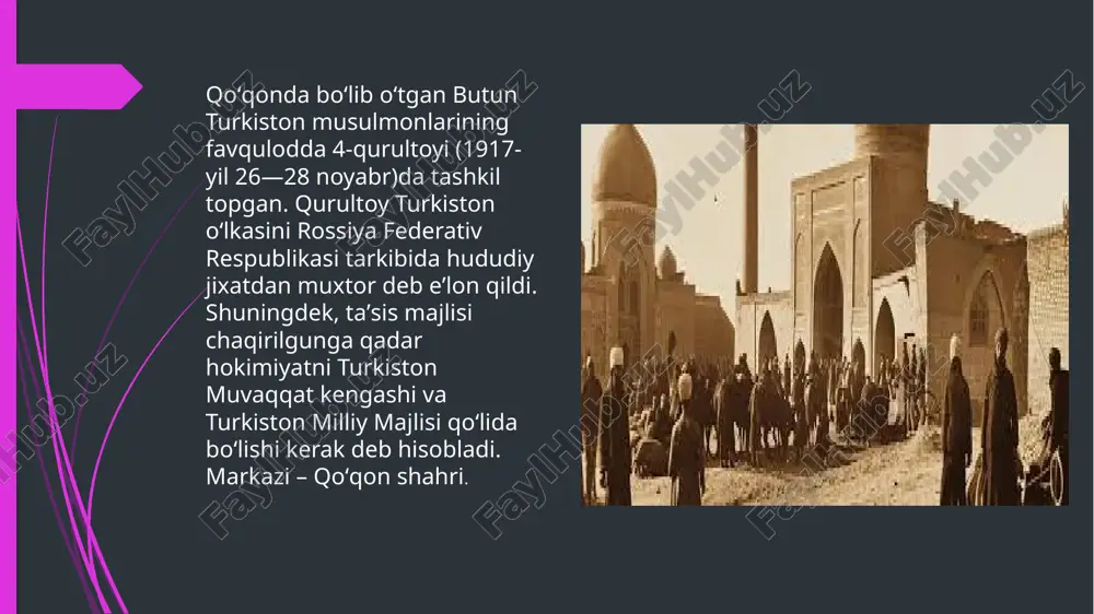 kumat faoliyati butun turkiston mintaqasida yashayotgan tub yerli xalqlar tomonidan qizgʻin qoʻllab-quvvatlandi. oʻlka bolsheviklari turkiston muxtoriyati hukumatiga katta xavf deb qaradilar. turkiston oʻlkasi ishchi, soldat va krestyan deputatlarining favqulodda 4-sʼyezdi (toshkent shahri, 1918-yil 19—26 yanvar)da muxtoriyatga munosabat masalasi asosiy oʻrinda turdi. sʼyezd turkiston muxtoriyati hukumati va uning aʼzolarini qonundan tashqari holda deb hisoblab, hatto vazirlarni qamoqqa olish haqida qaror qabul qildi. 1918-yil 30-yanvarda turkiston oʻlkasi xks turkiston muxtoriyatini tugatish uchun harbiy harakatlarni boshladi. toshkentdagi bolsheviklar buning uchun qizil gvardiyachilar otryadlari va arman dashnoqlari drujinalaridan (qarang dashnaksutyun) keng foydalandi. milliy matbuotning yozishicha, 31-yanvar (yangi hisob bilan 13-fevral)da janglar boshlandi. turkiston oʻlkasi xks 1918-yil 14-fevralda (yangi hisob bilan) fargʻona viloyatida harbiy holat eʼlon qildi dastlabki jangda muxtoriyatning milliy qoʻshinidan tashqari qoʻqonlik tinch aholi vakillari ham qatnashdi. asosan bolta, choʻkich, tayoq koʻtargan xaloyiqning soni 10.000 kishiga yetdi. shunga qaramay, qurolsiz bu kishilar qizil askarlarning qoʻqon shahriga qilgan hujumini uch kun davomida mardonavor qaytardilar. …