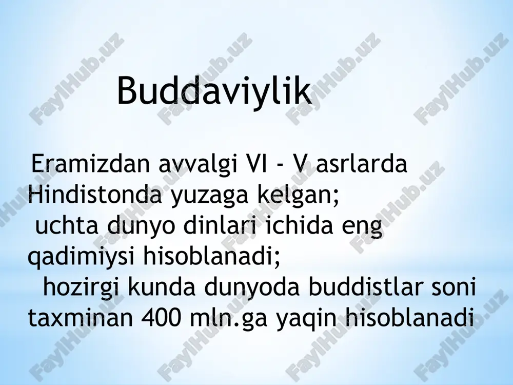 ga, vii asrda tibetga, xiii asrdan xvi asrgacha mongoliyaga, xvii asrdan xviii asrlargacha buryatiya va tuvaga, xix-xx asrlarda amerika va yevropa qit'alariga buddaviylik kirib borgan. buddizmning tarqalishi buddaviylik manbalari  tripitaka (yoki tipitaka) - uch savat ma'nosini anglatadi. u uch qismdan iborat bo‘lganligi uchun shunday nom bilan atalgan. ular:  sutta-pitaka- budda targ‘ibotining haqiqiy bayoni hisoblangan sutra matnlari;  vinaya-pitaka-ruhoniylik ahloqi va xonaqohlar nizomlariga bag‘ishlangan vinaya matnlari;  abxidxarma-pitaka-buddaviylikning falsafiy va psixologik muammolarini bayon qilib berishga bag‘ishlangan abxidxarma matnlaridan iborat. buddaviylik o‘rta osiyoga kirib kelishi va keng tarqalishida buyuk ipak yo‘li muhim ahamiyatga ega bo‘ldi. bu savdo yo‘li orqali sharq va g‘arb o‘rtasida madaniy almashinuvlar bo‘lib turdi. savdogarlar, budda rohiblari va boshqa sayohatchilar orqali buddaviylik ta’limoti markaziy osiyoga, shu jumladan hozirgi o‘zbekiston hududiga kirib keldi. bu davrda buddaviylikning kirib kelishi mahalliy xalqlar madaniyati va diniy hayotiga katta ta’sir ko‘rsatdi. bundan tashqari, milodiy i asrda markaziy osiyo hududida hukmronlik qilgan kushonlar …