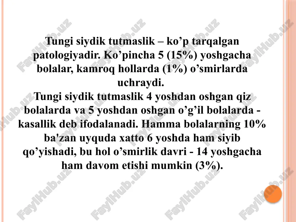 i davolashda eng samarali dorilardir. imipramin - bolaning qattiq uxlashiga yordam beradi va shu vaqtning o’zida siydik pufagi ishini yaxshilaydi, atsetat desmopressin - siydik paydo bo’lishida asosiy ahamiyatga ega. siydik ishlab chiqarish kamaysa, siydik pufagining to’lib ketishi ham kamayadi. dori vositalar vaqtincha samara berib, enurezni to’liq davolamaydilar. faqatgina siydik ajratishni nazorat qilish qobiliyatining rivojlanishi bolani bu holatdan qutqarishi mumkin. bemor muammolari: -ixtiyorsiz peshob ajralishi -kechki deurezning ko’payishi -qo’rquv -injiqlik hamshiralik tashxisi -gipofizdan ishlab chiqariladigan vazopressin garmoni ishlab chiqarishining buzulishi -ixtiyorsiz peshob ajralishi -qo’rquv -injiqlik parvarish rejasi: -bolaning onasiga parvarish ko’nikmalarini tushuntirish. -kechasi bolani 2-3 marta uyg’otish -vrach ko’rsatmasiga binoan dori vositalarini qo’llash parvarish rejasini amalga oshirish: -bola bilan ko’proq shug’ullanish -streslarga berilishini oldini olish -vrach ko’rsatmasiga binoan quyidagi dorilar buyuriladi: medikamentoz davolash imipramin - bolaning qattiq uxlashiga yordam beradi va shu vaqtning o’zida siydik pufagi ishini yaxshilaydi. - atsetat desmopressin - siydik paydo bo’lishida asosiy ahamiyatga ega. baholash -vrach tavsiya …